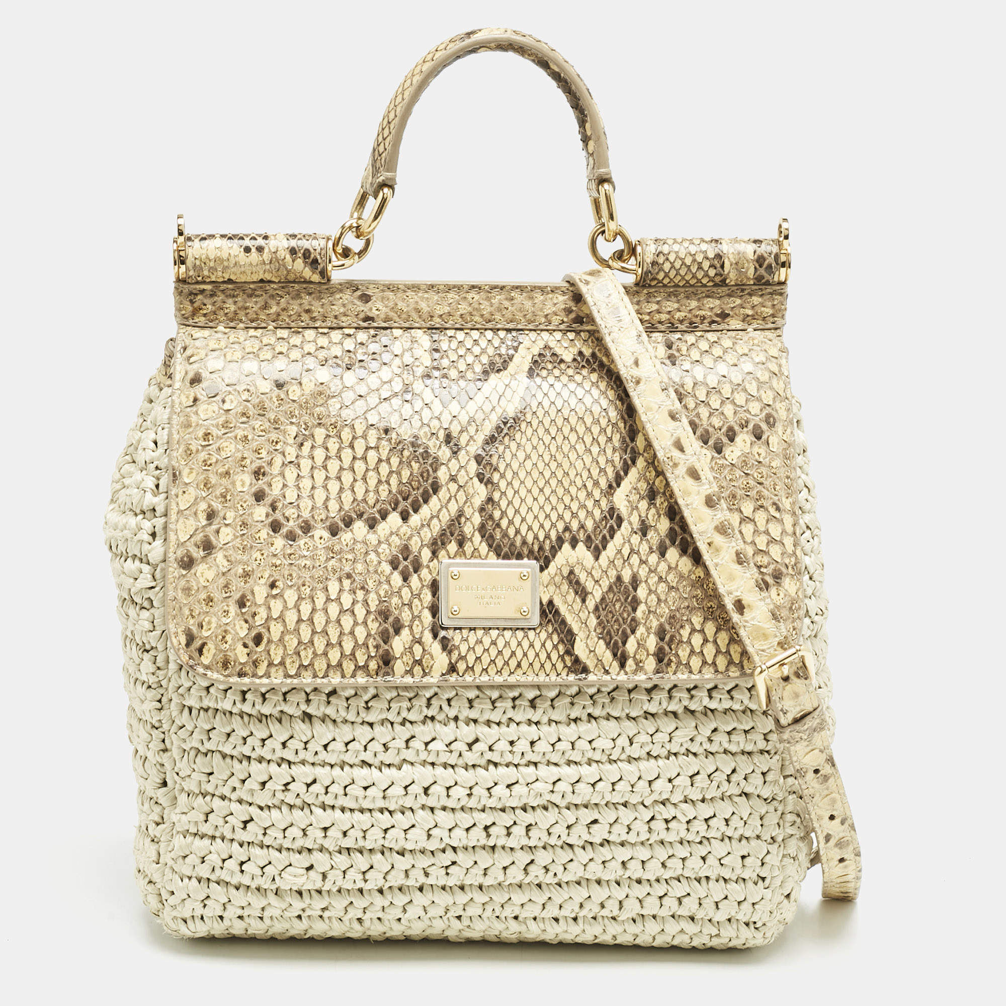 Dolce & Gabbana Beige/Off White Raffia and Python Miss Sicily Top Handle Bag