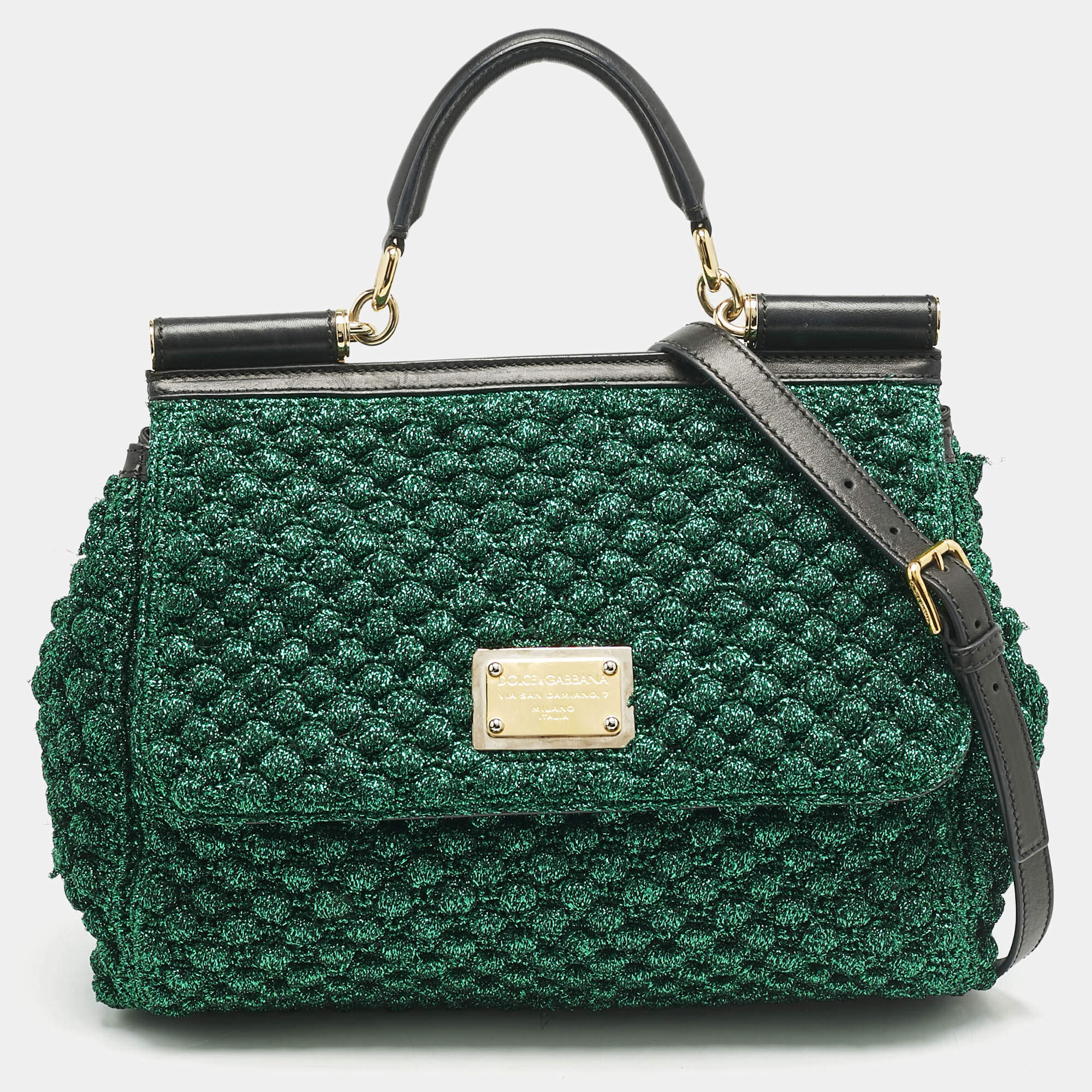Dolce & Gabbana Green/Black Crochet Lurex Fabric Large Miss Sicily Top Handle Bag