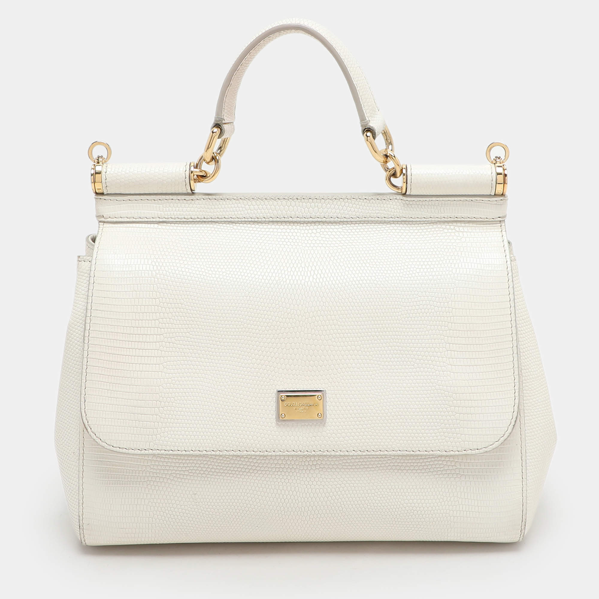 Dolce & Gabbana White Lizard Embossed Leather Medium Miss Sicily Top Handle Bag