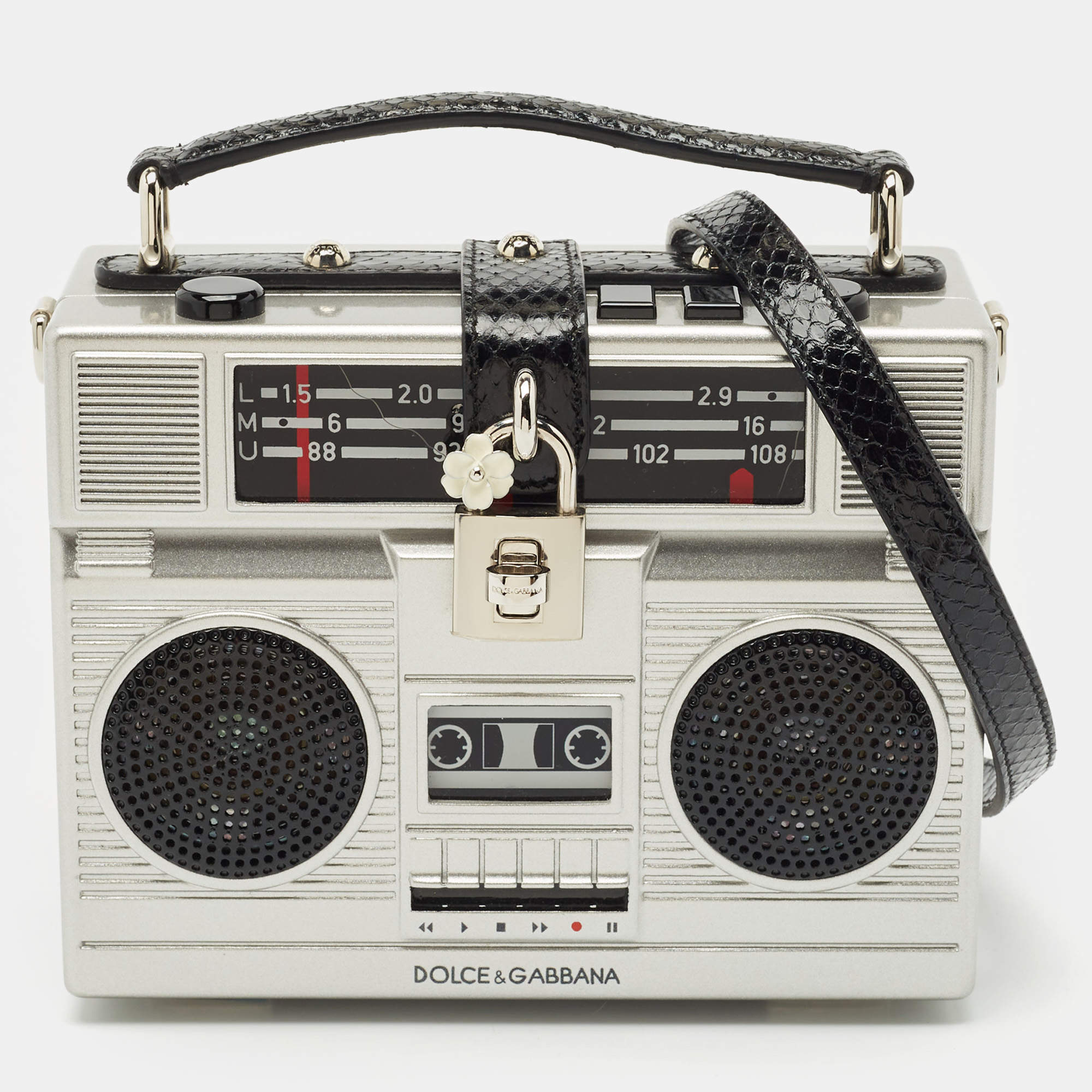 Dolce & Gabbana Grey/Black Acrylic and Snakeskin Trim Radio Boom Box Top Handle Bag