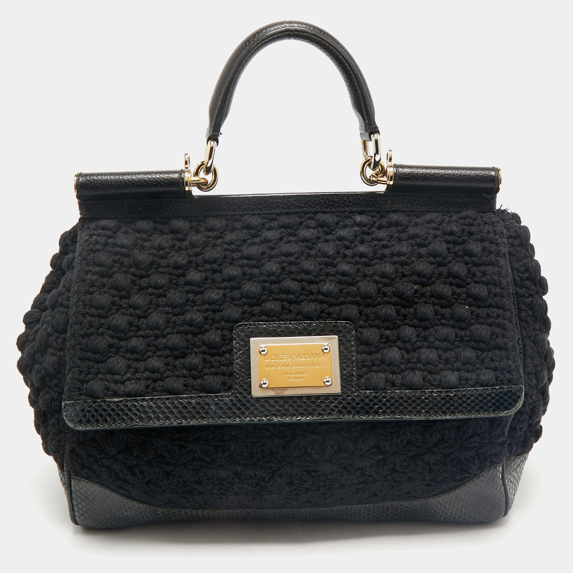 Dolce & Gabbana Black Crochet and Snakeskin Large Miss Sicily Top Handle Bag