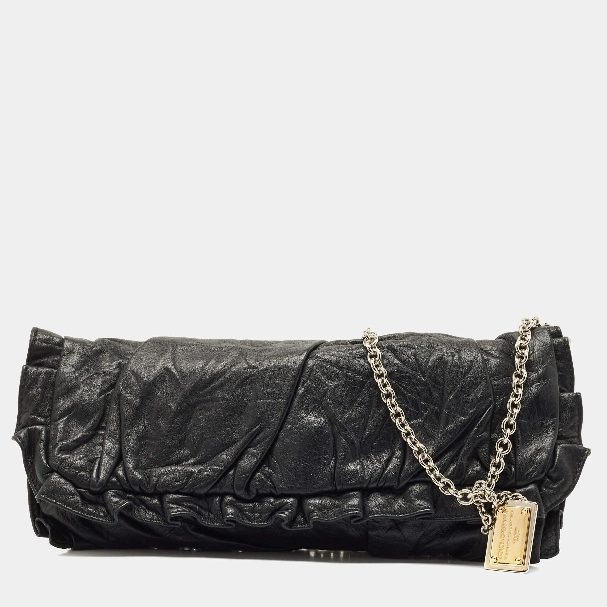 Pre Owned Dolce & Gabbana Black Pleated Leather Chain Clutch