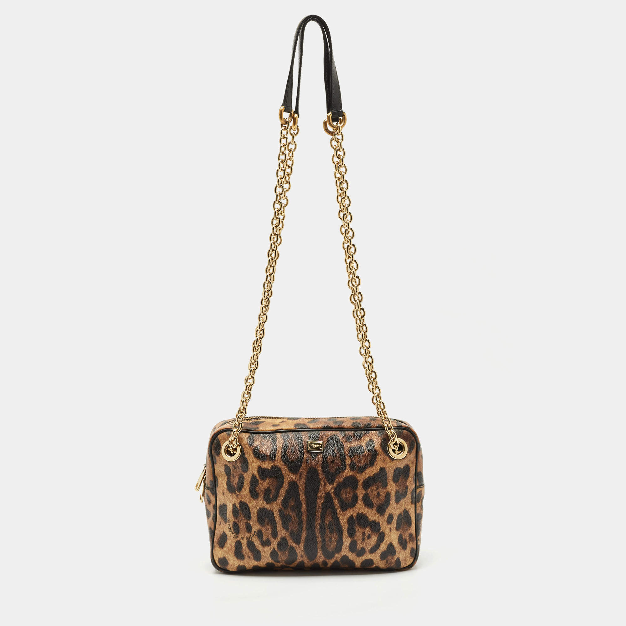 Pre Owned Dolce & Gabbana Brown Leopard Print Coated Canvas Chain Shoulder Bag
