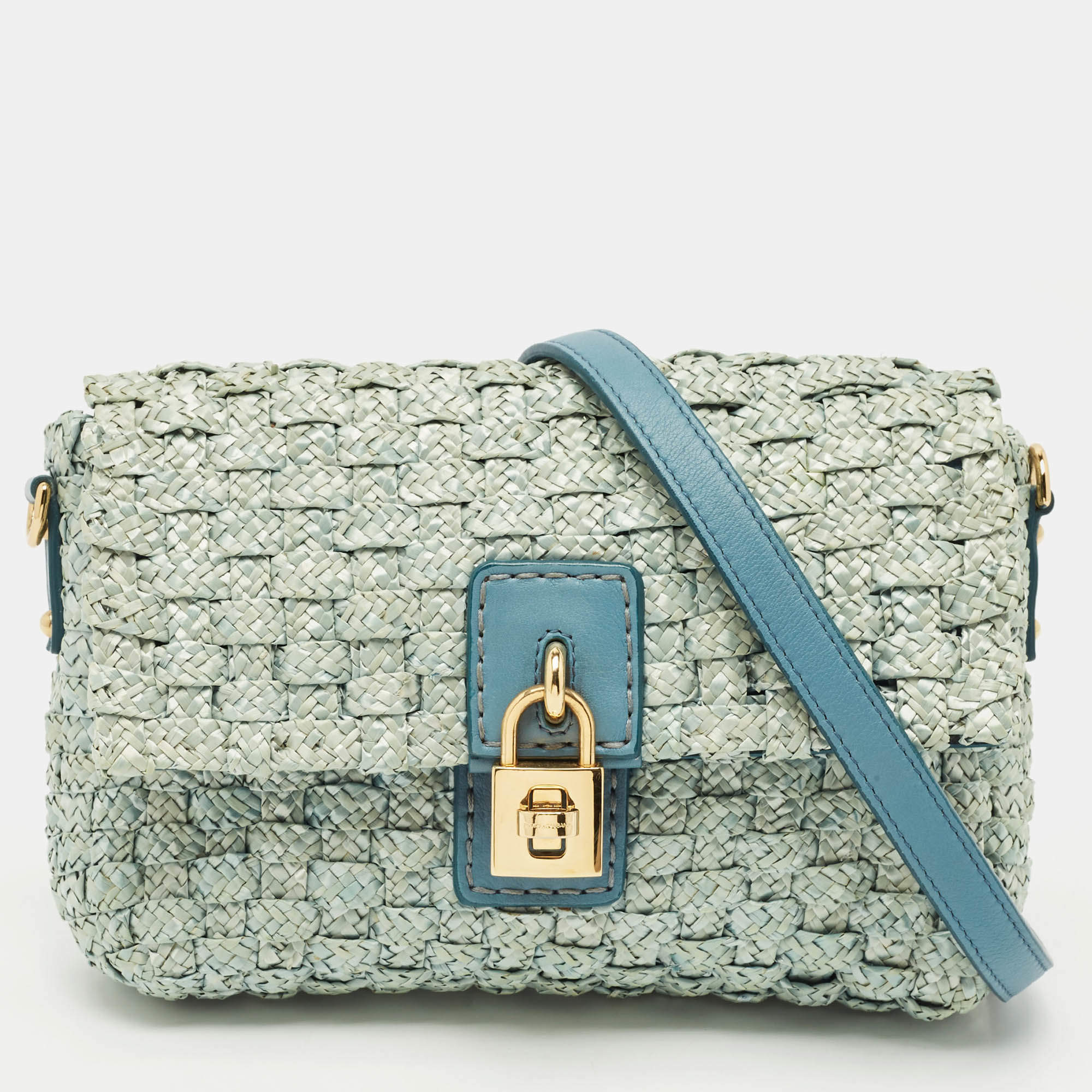 Dolce & Gabbana Blue Woven Raffia and Leather Padlock Shoulder Bag