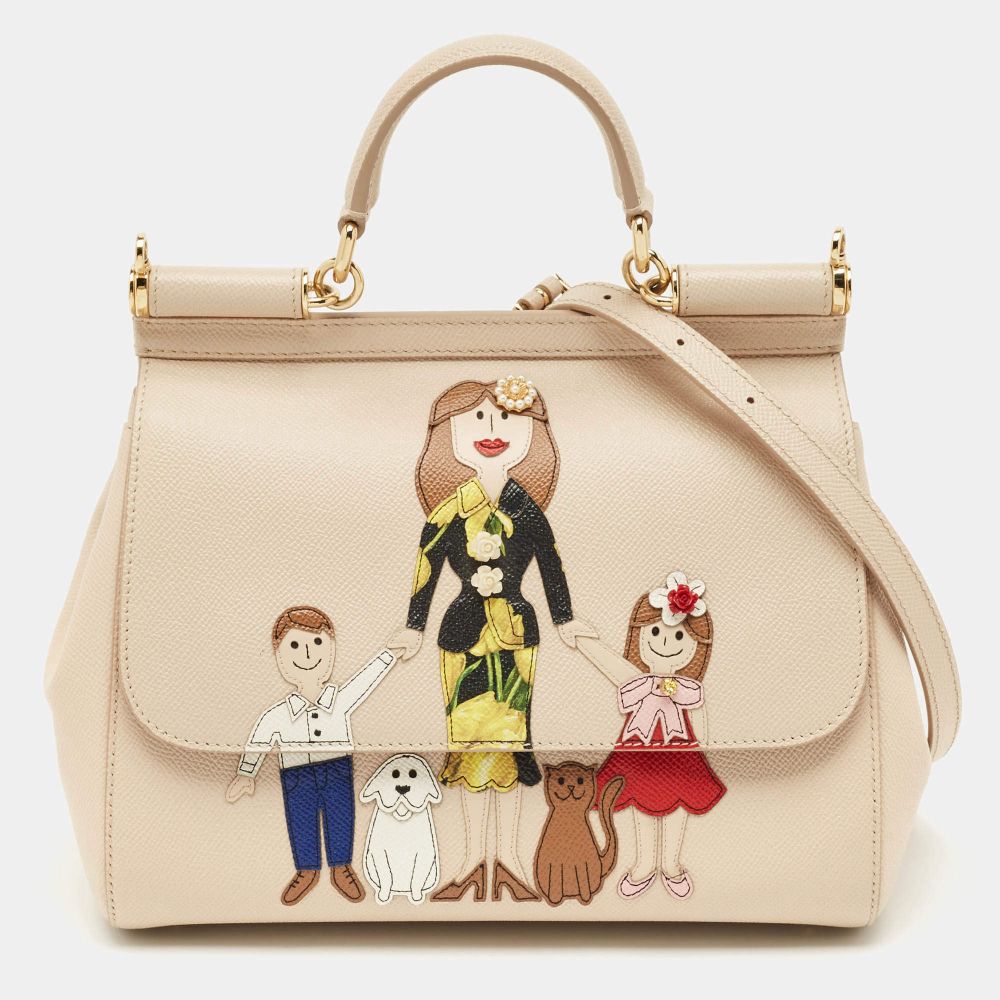 Dolce & Gabbana Cream Leather Medium Miss Sicily Family Patch Top Handle Bag