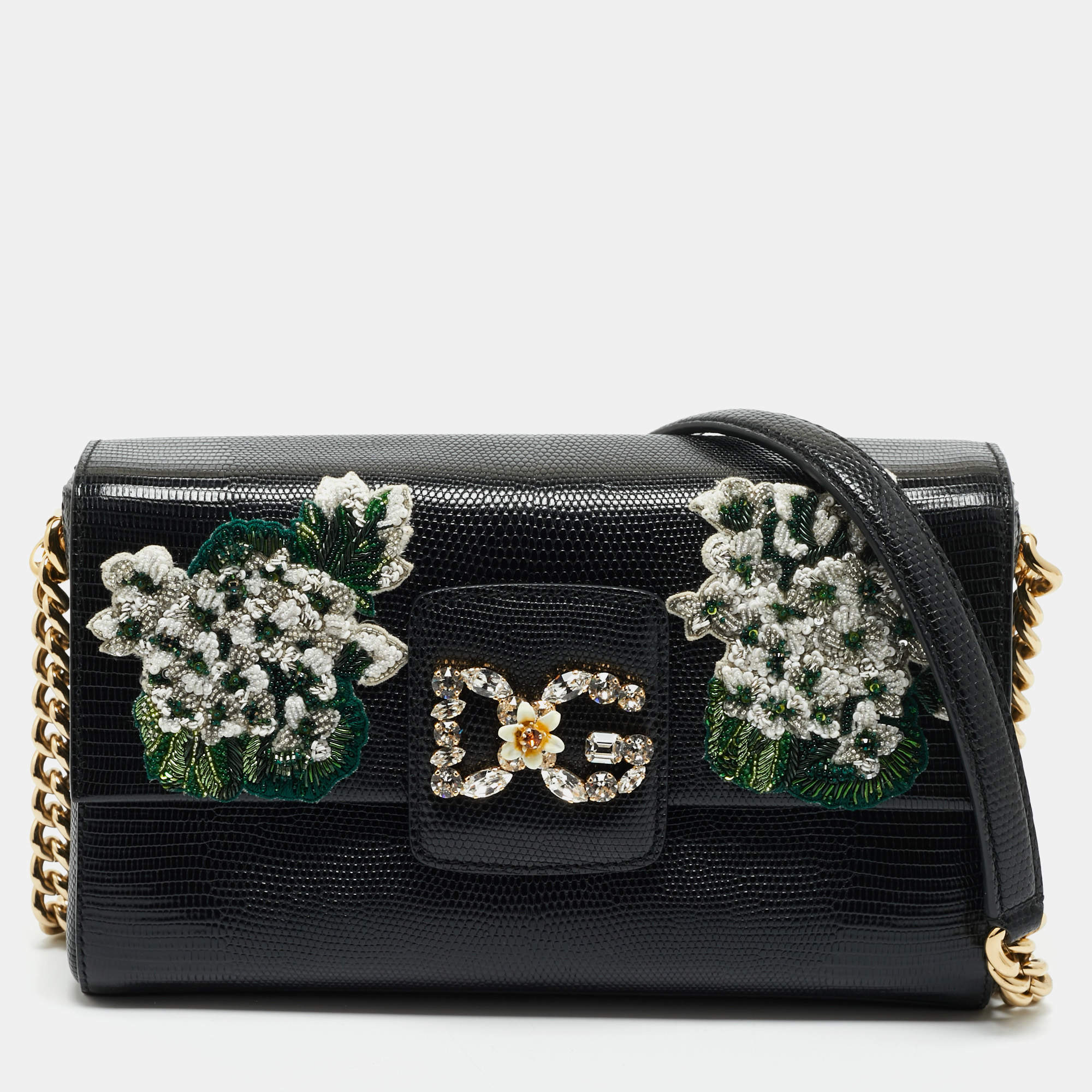 Dolce & Gabbana Black Lizard Embossed Leather DG Millennials Shoulder Bag
