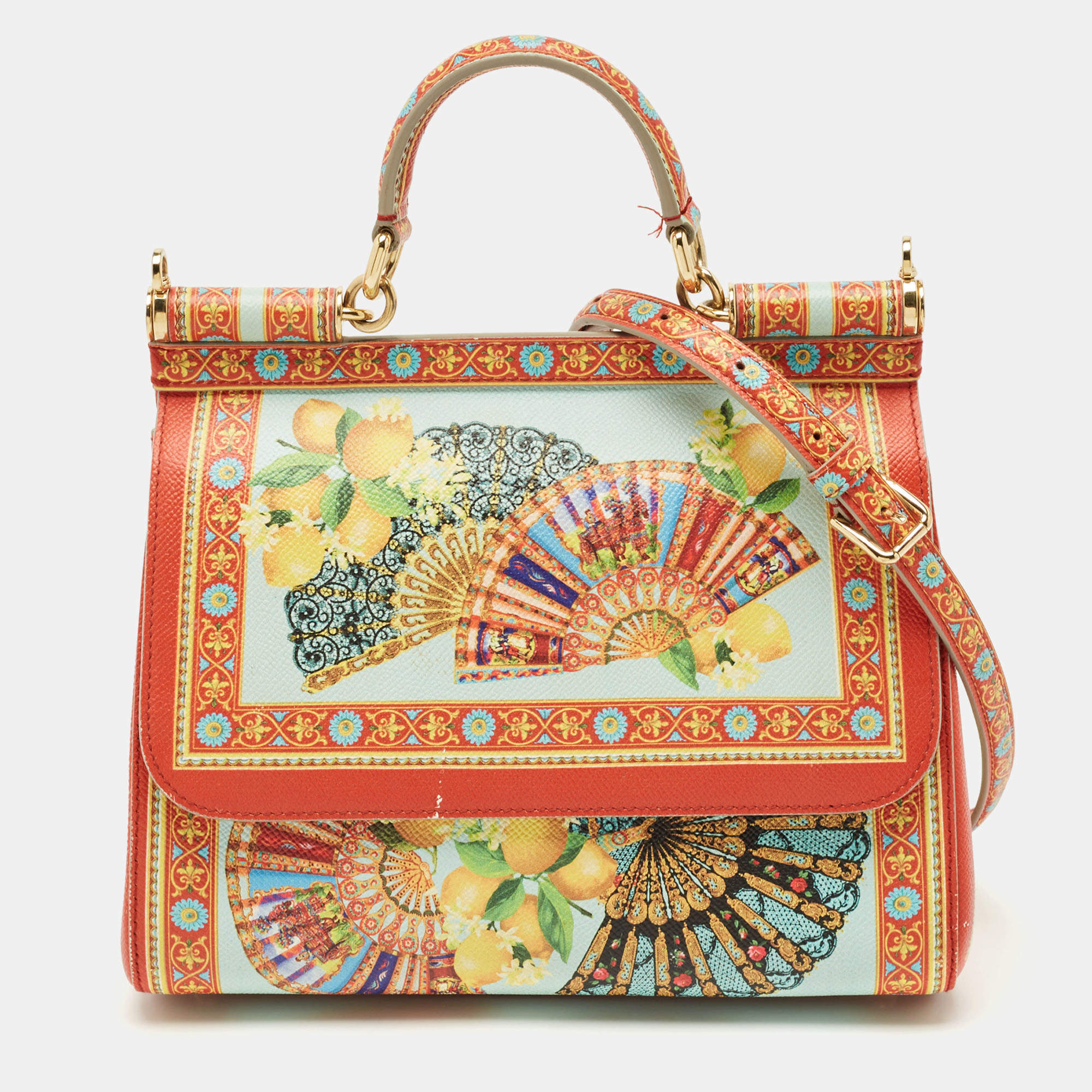 Pre Owned Dolce & Gabbana Multicolor Fan Foulard Print Leather Medium Miss Sicily Top Handle Bag