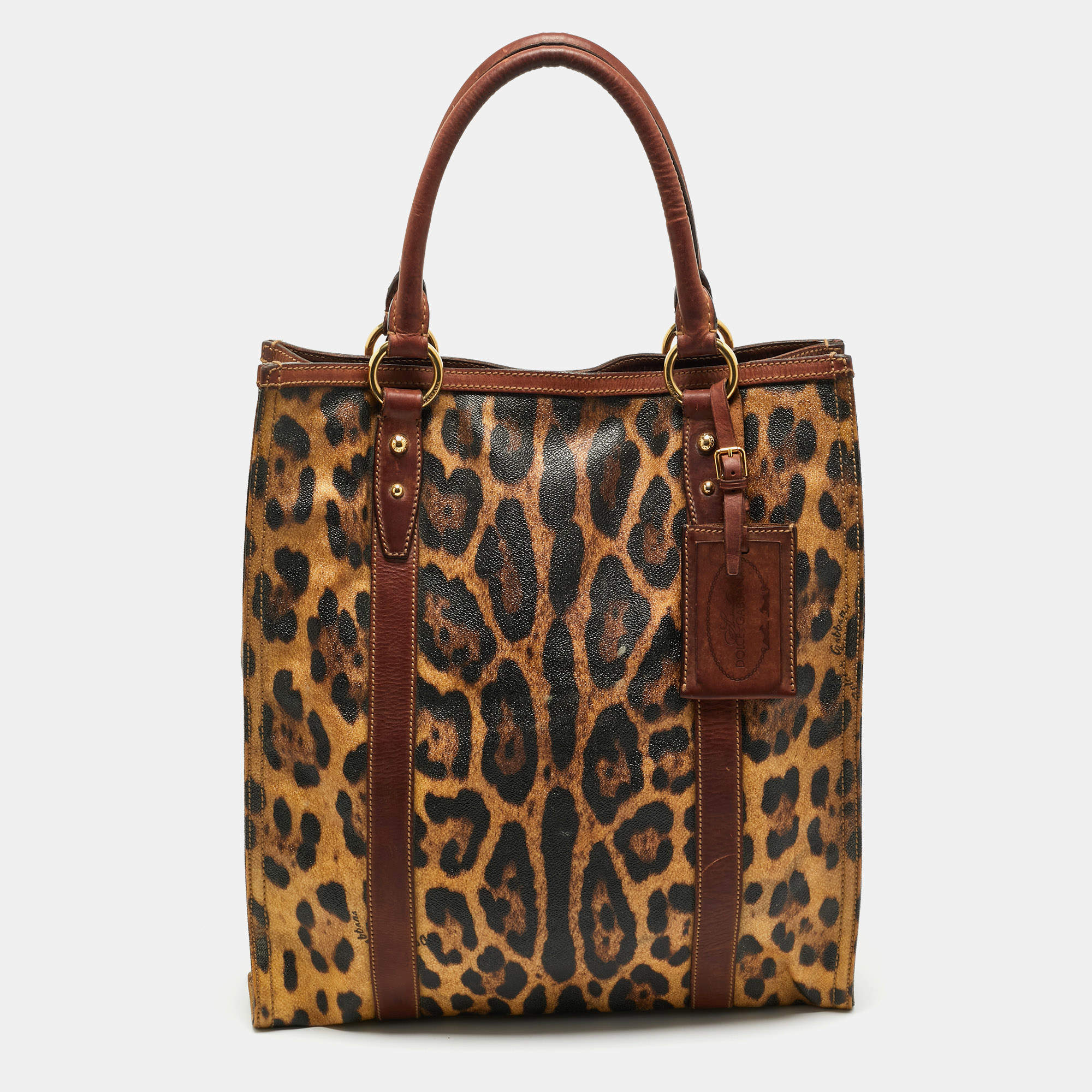 Pre Owned Dolce & Gabbana Brown Leopard Print Coated Canvas and Leather Shopper Tote