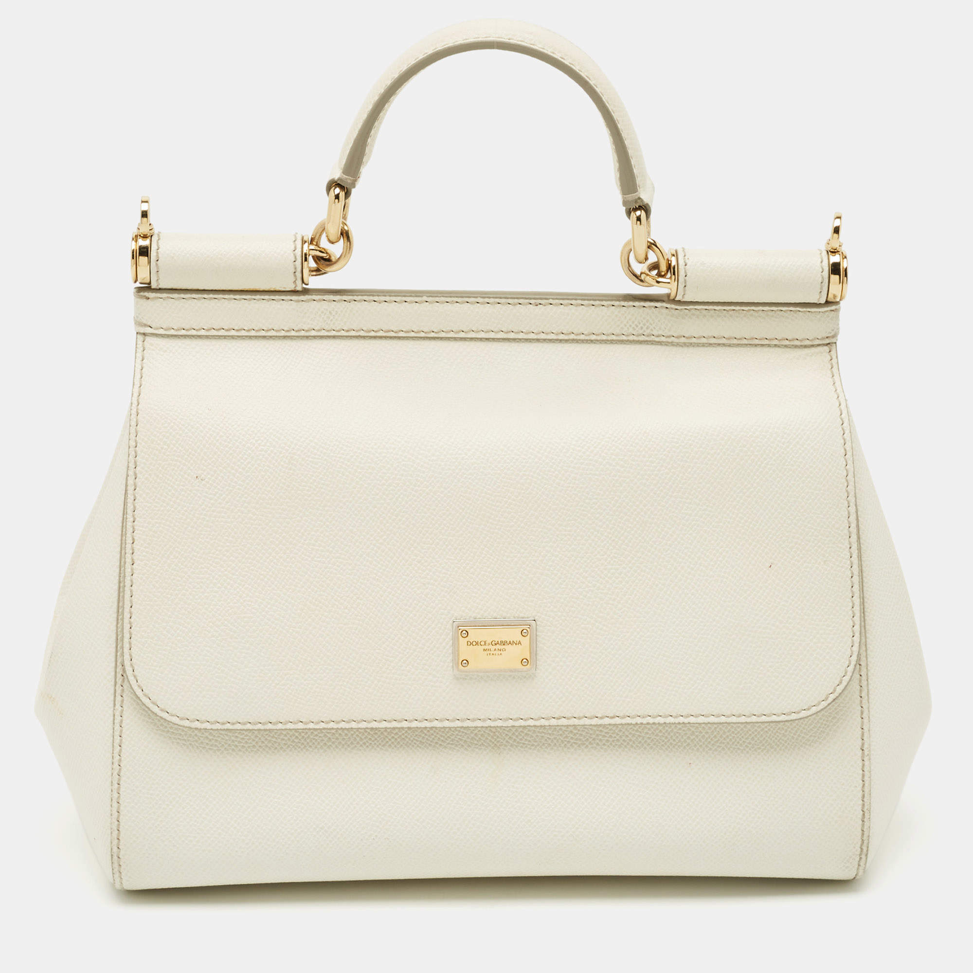 Pre Owned Dolce & Gabbana White Leather Medium Miss Sicily Top Handle Bag