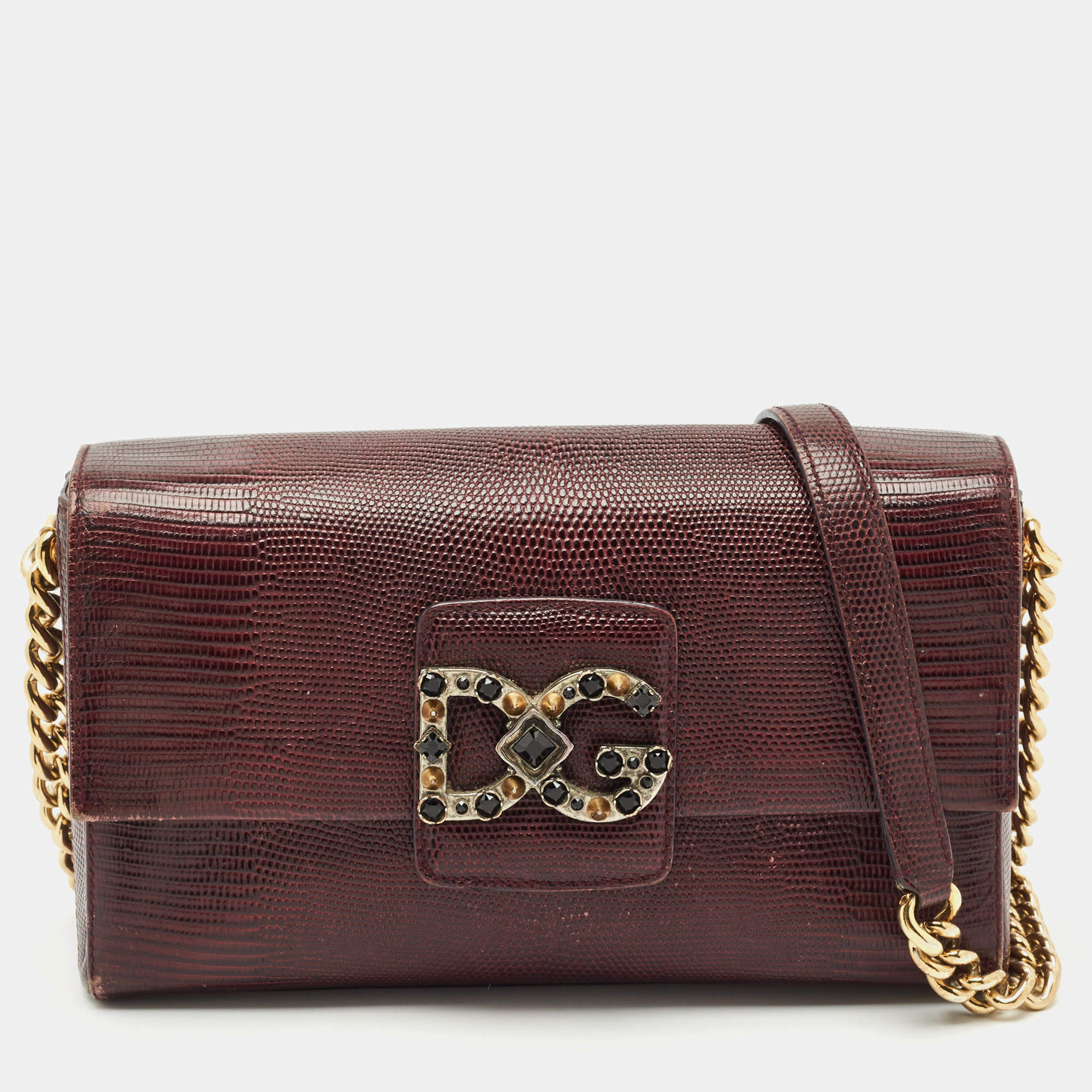 مملوكة مسبقًا حقيبة كتف دولتشي أند غابانا دي جي ميلينيالز جلد مزخرف سحلية بورجوندي