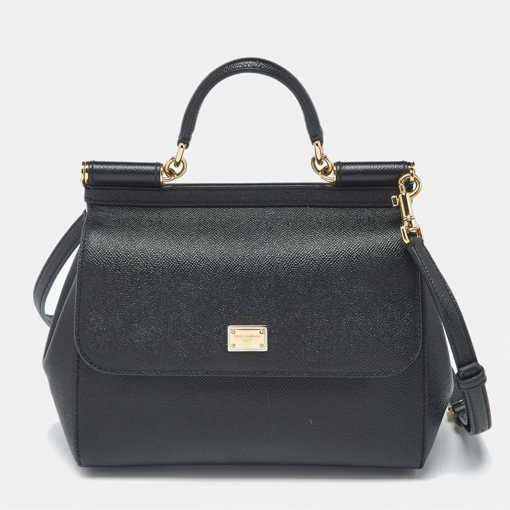 Pre Owned Dolce & Gabbana Black Leather Medium Miss Sicily Top Handle Bag