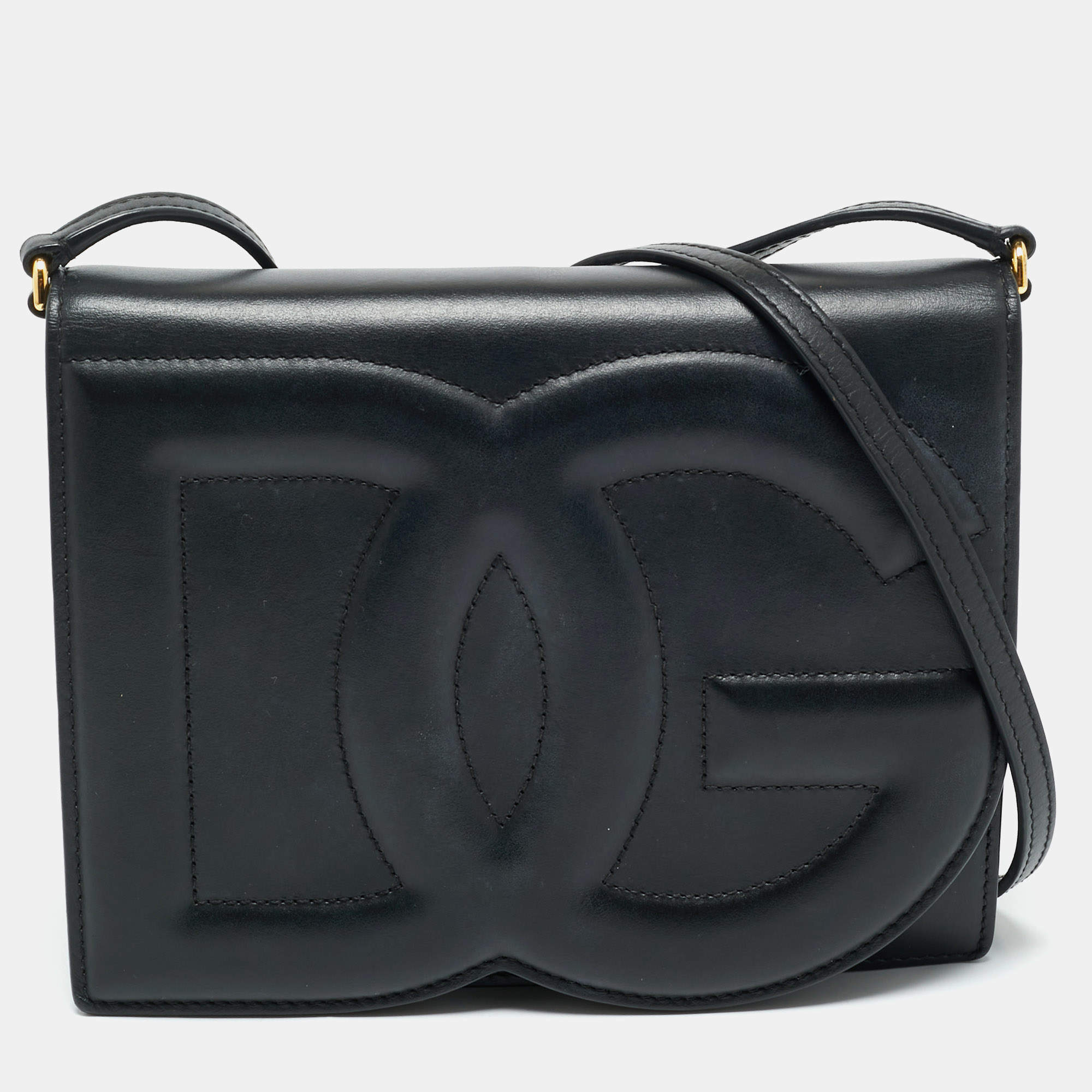 Pre Owned Dolce & Gabbana Black Leather DG Logo Embossed Crossbody Bag