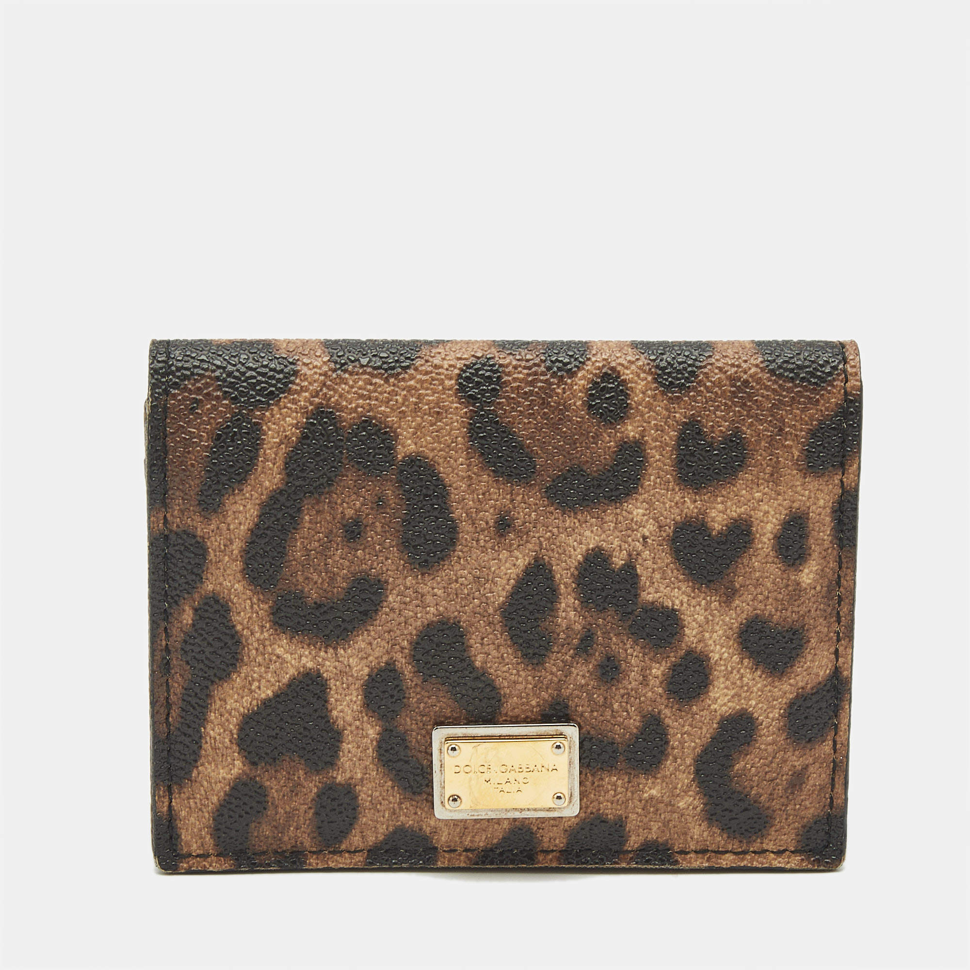 Pre Owned Dolce & Gabbana Brown Leopard Print Coated Canvas and Leather Flap Card Case