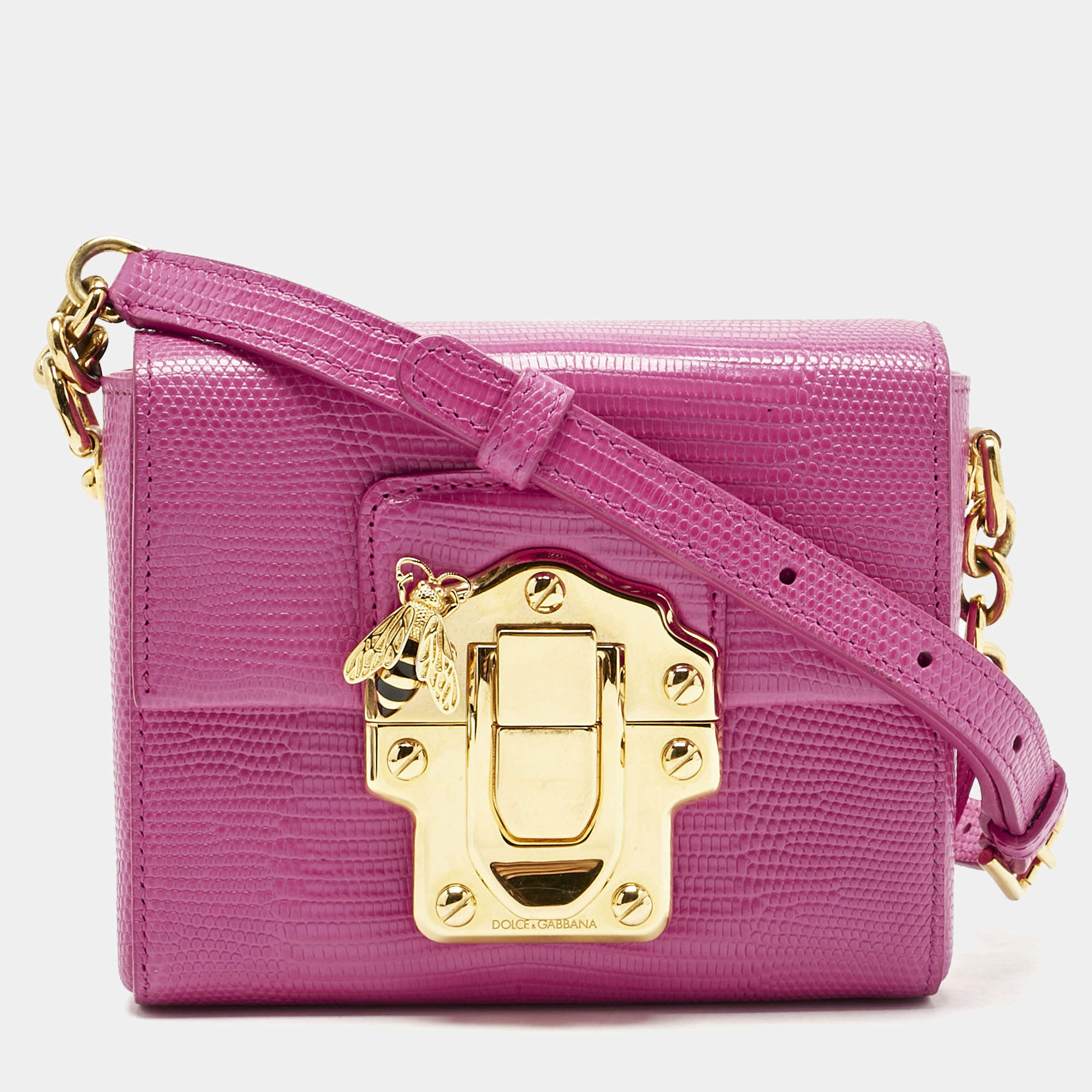 Pre Owned Dolce & Gabbana Pink Lizard Embossed Leather Mini Lucia Crossbody Bag