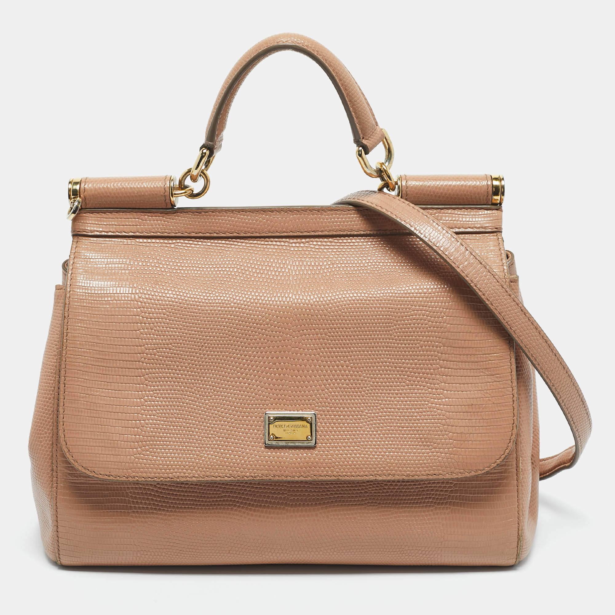 Pre Owned Dolce & Gabbana Beige Lizard Embossed Leather Medium Miss Sicily Top Handle Bag