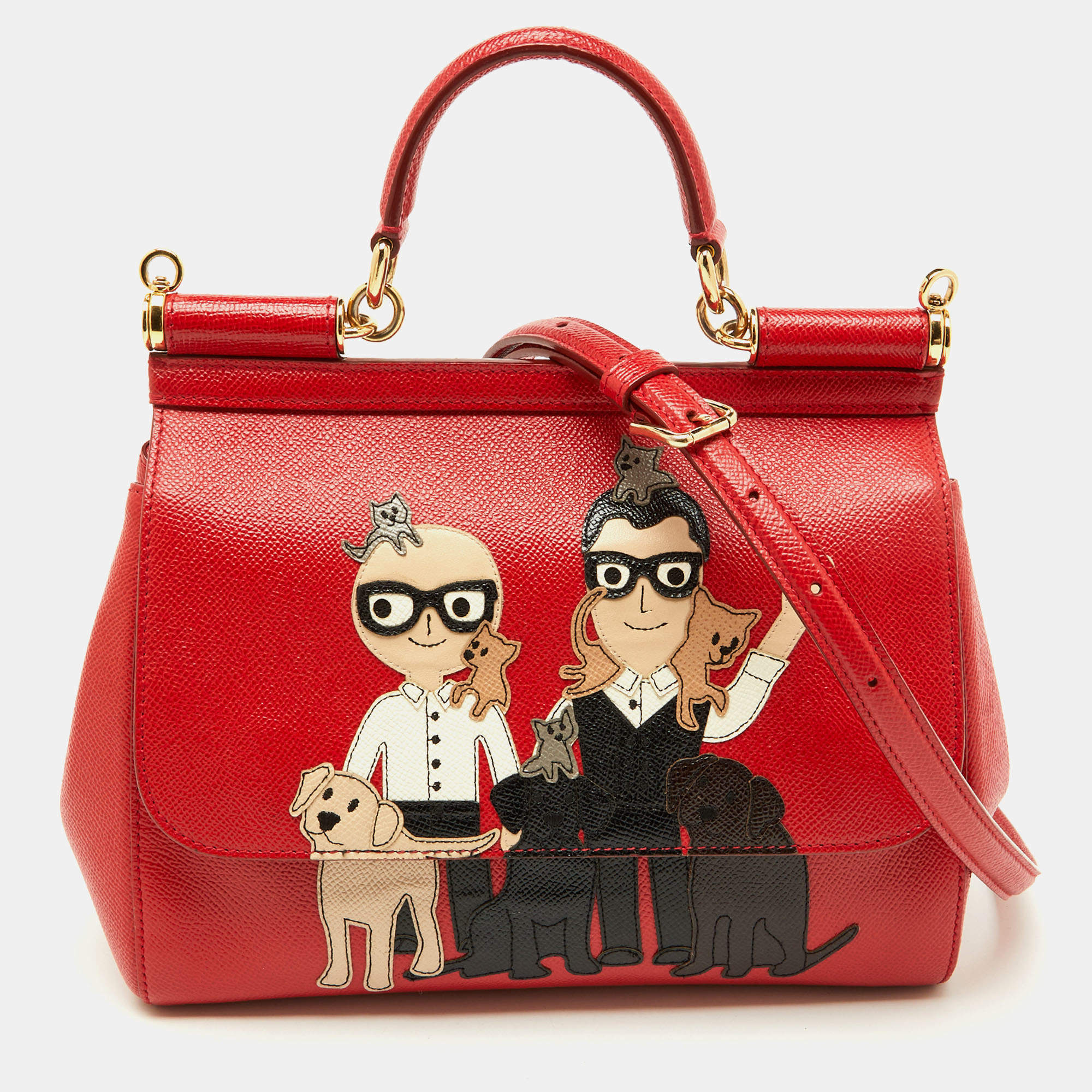 Pre Owned Dolce & Gabbana Red Leather Medium Miss Sicily Family Patchwork Top Handle Bag