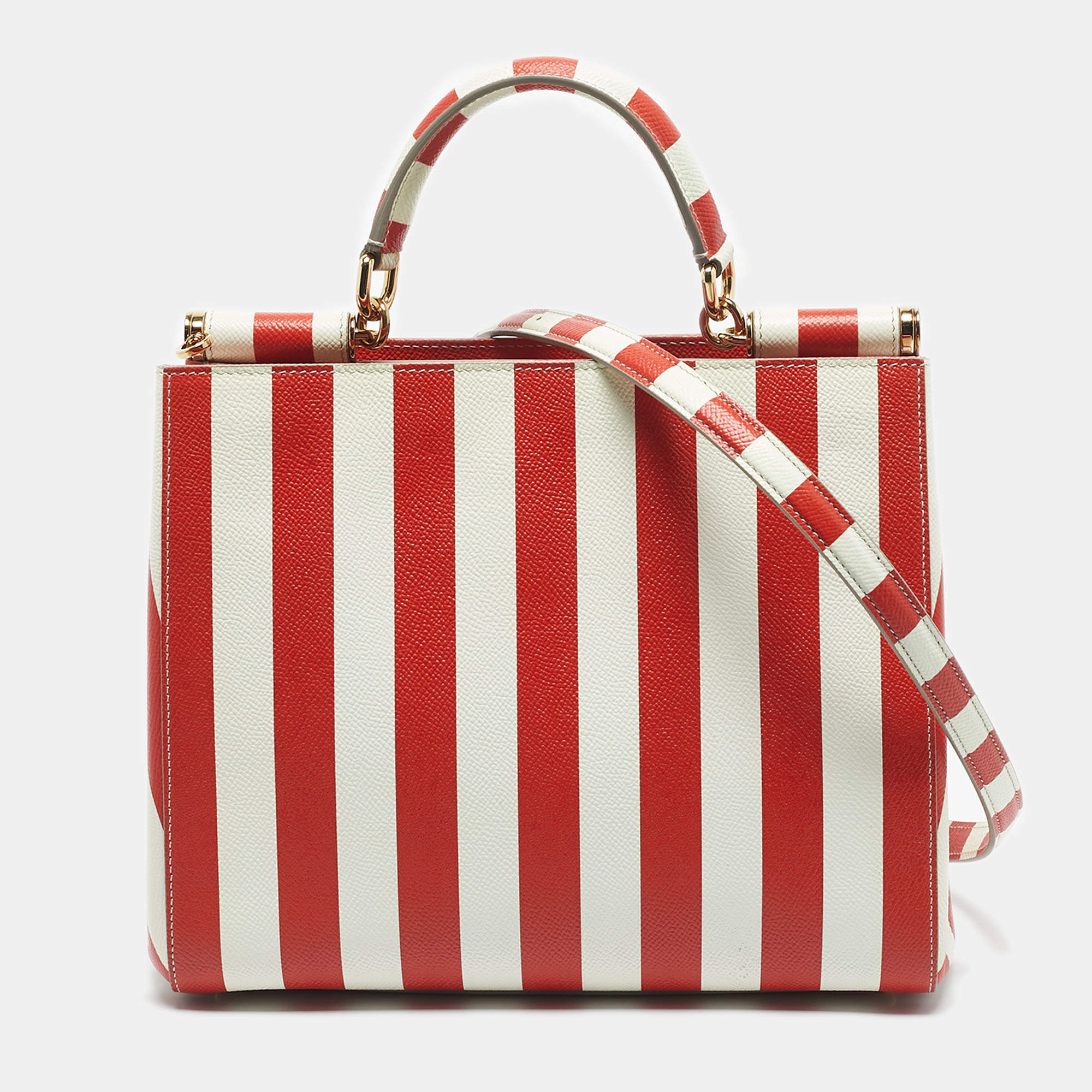 Pre Owned Dolce & Gabbana Red/White Leather Medium Miss Sicily Top Handle Bag