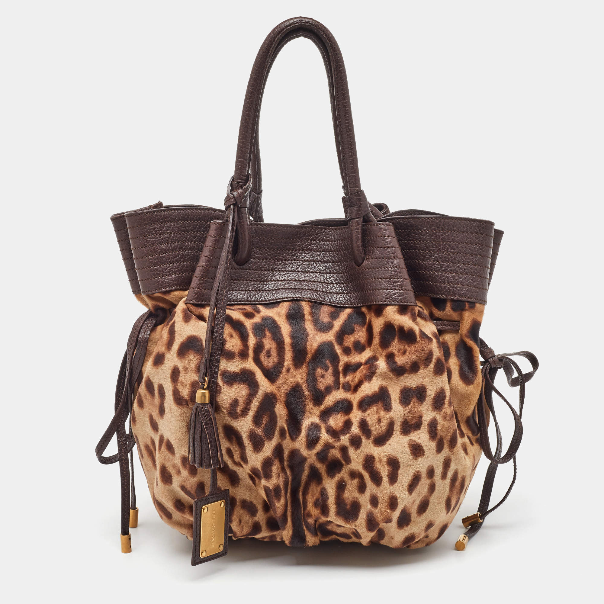 Pre Owned Dolce & Gabbana Brown Leopard Calf Hair and Leather Drawstring Hobo