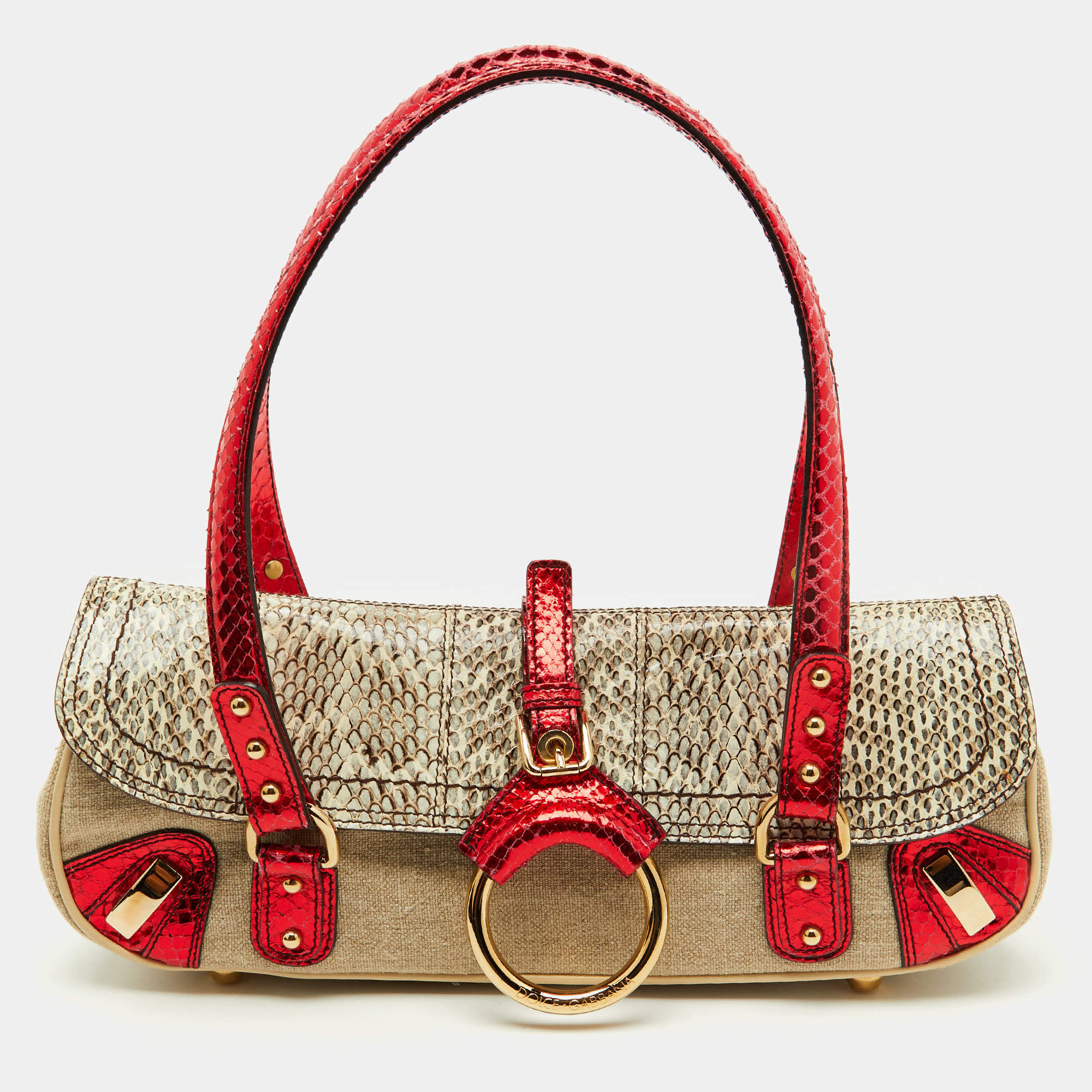 Pre Owned Dolce & Gabbana Multicolor Canvas and Python Trimmed Flap Shoulder Bag