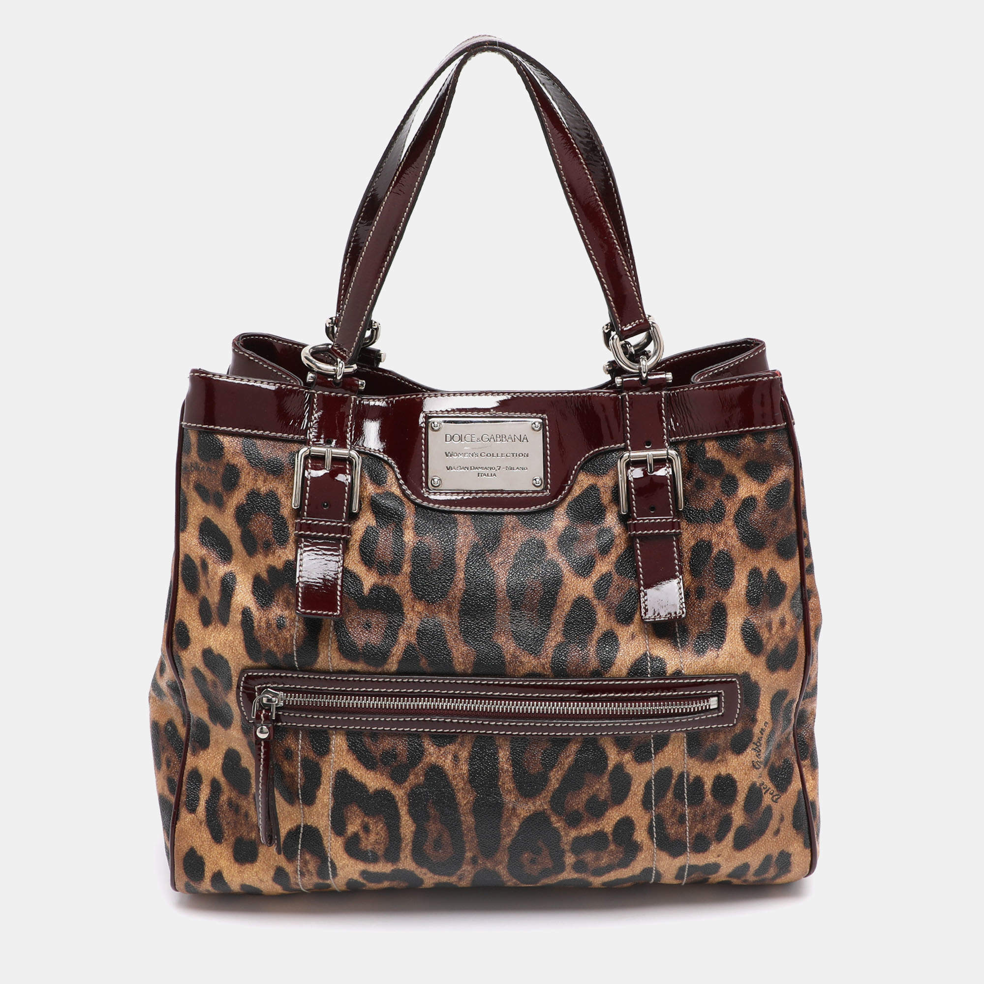 Pre Owned Dolce & Gabbana Brown/Burgundy Leopard Print Coated Canvas and Patent Leather Miss Easy Way Tote
