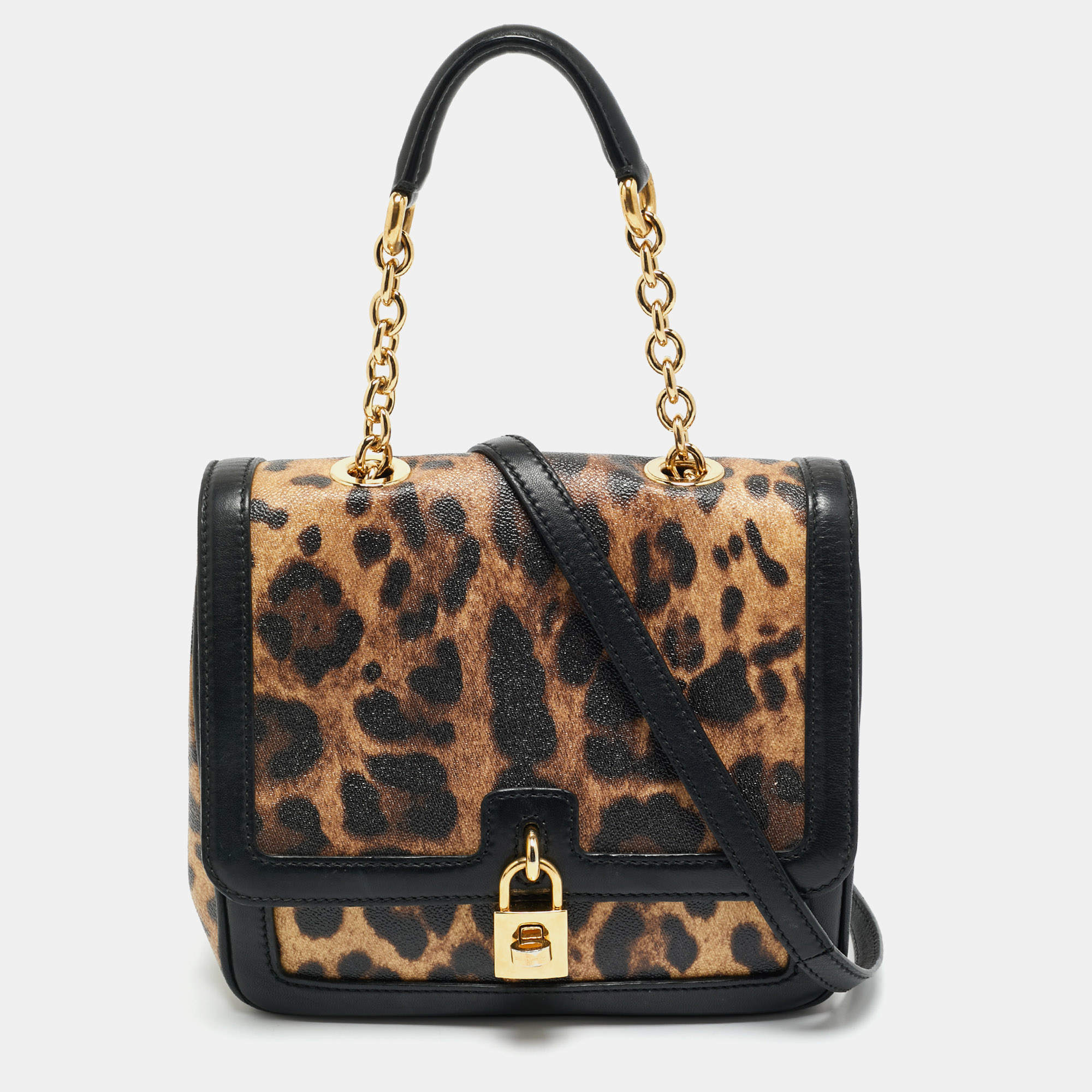 Pre Owned Dolce & Gabbana Black/Brown Leopard Print Coated Canvas Padlock Top Handle Bag