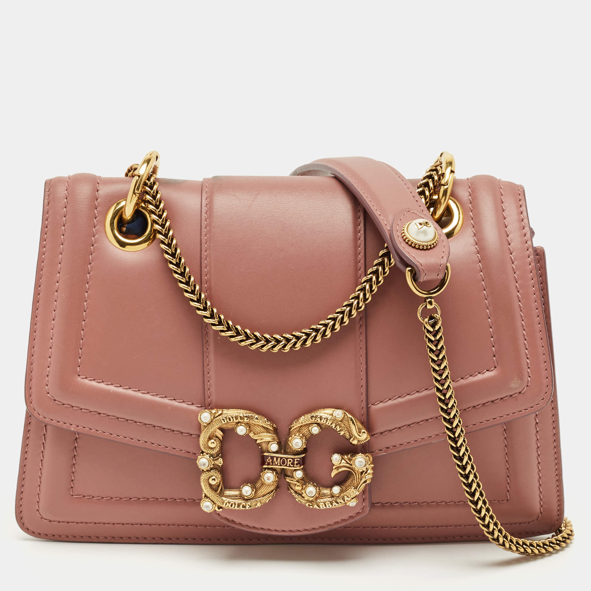 Pre Owned Dolce & Gabbana Pastel Pink Leather DG Amore Chain Shoulder Bag