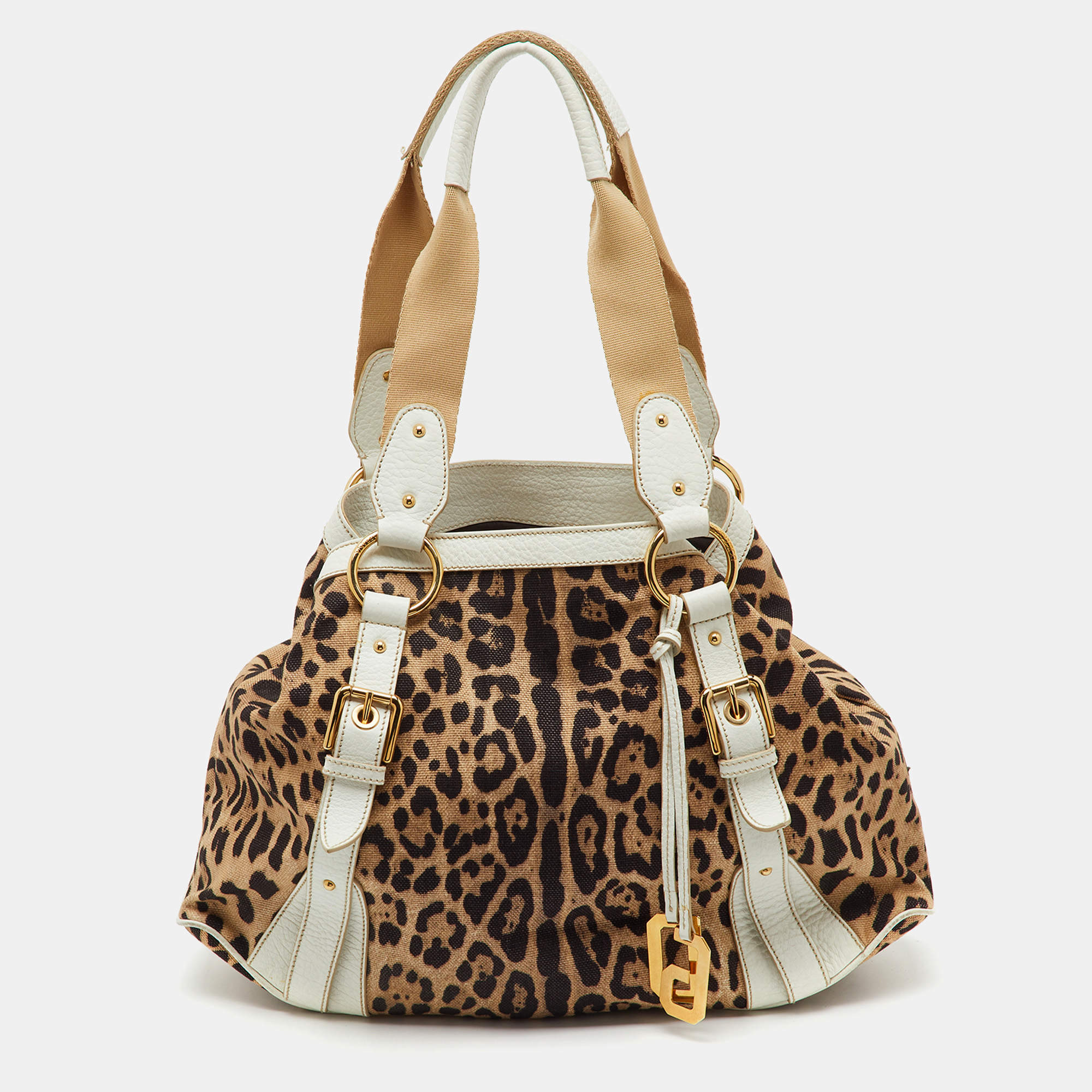 Pre Owned Dolce & Gabbana Brown/White Leopard Print Canvas and Leather Satchel