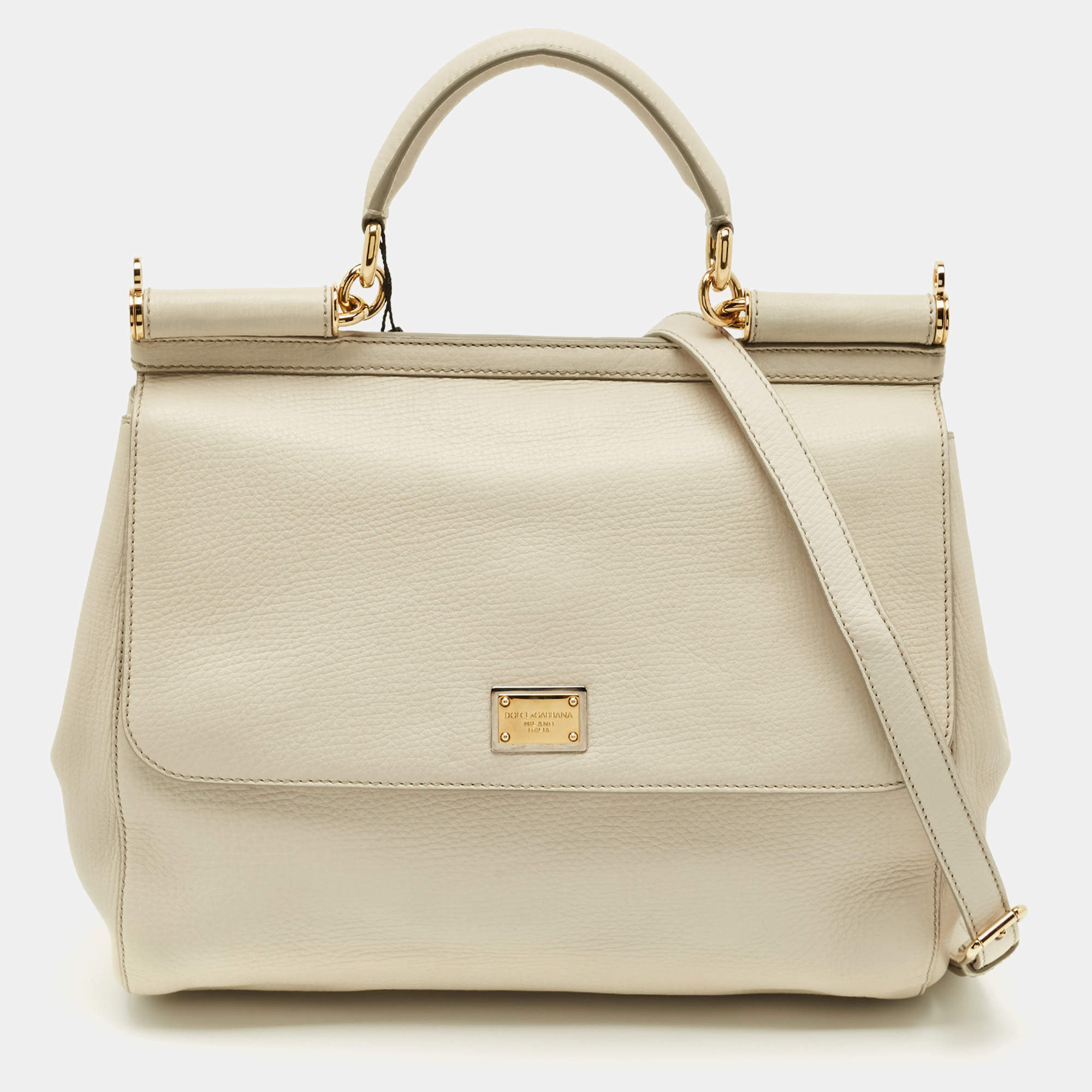 Pre Owned Dolce & Gabbana White Leather Large Miss Sicily Top Handle Bag