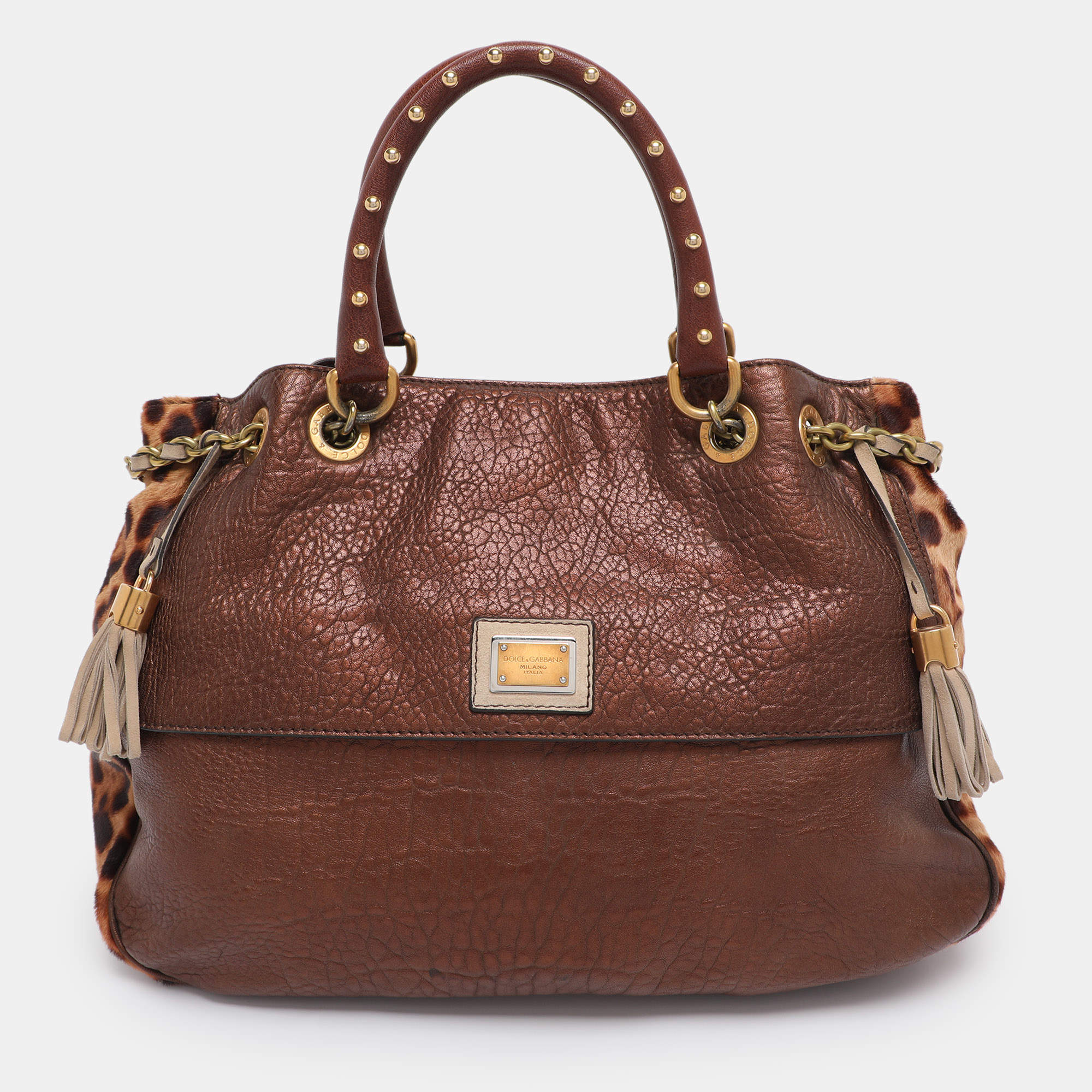 Pre Owned Dolce & Gabbana Brown/Beige Calf Hair and Leather Drawstring Tassel Satchel