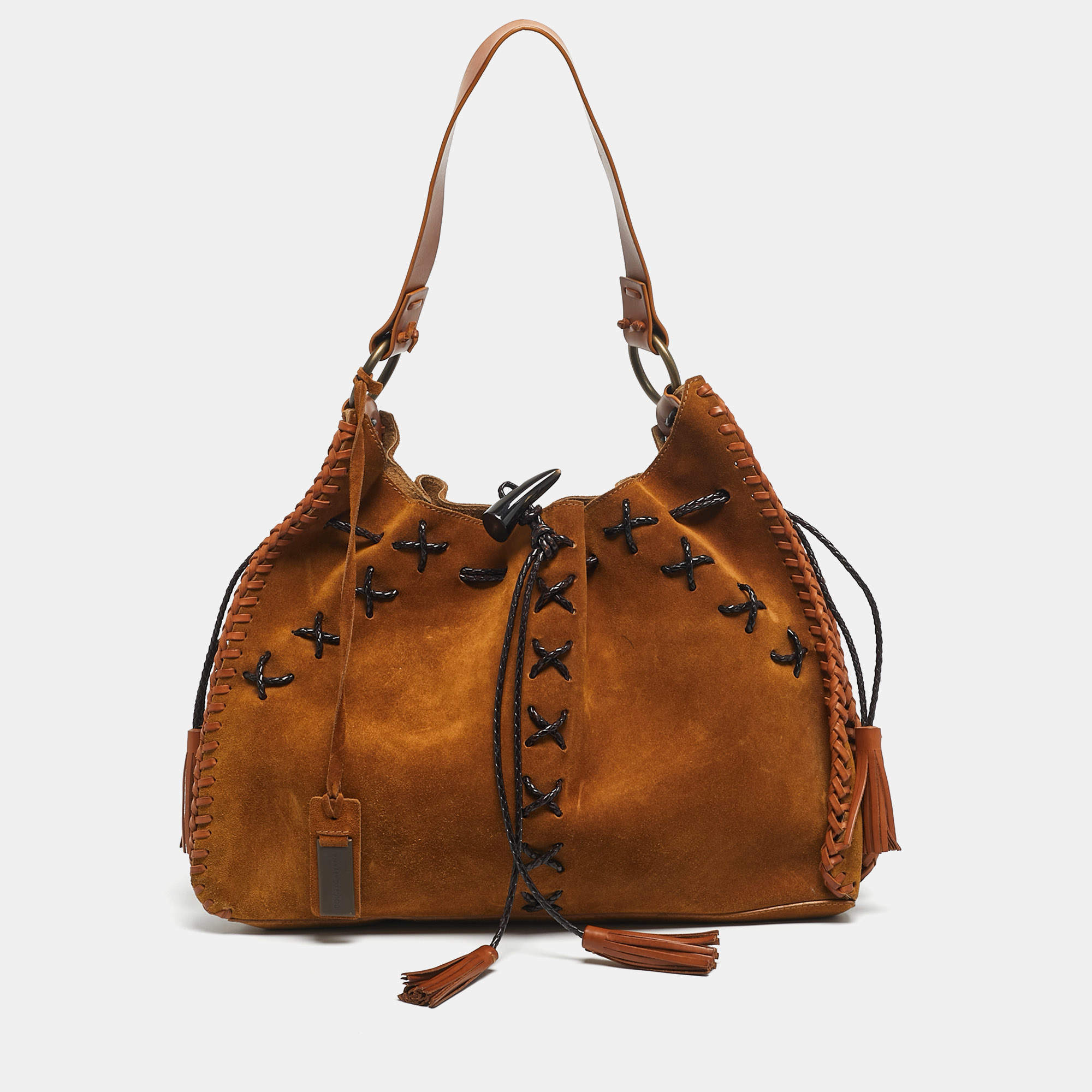 مملوكة مسبقًا Dolce & Gabbana Tan Leather and Suede Whipstitch Shoulder Bag