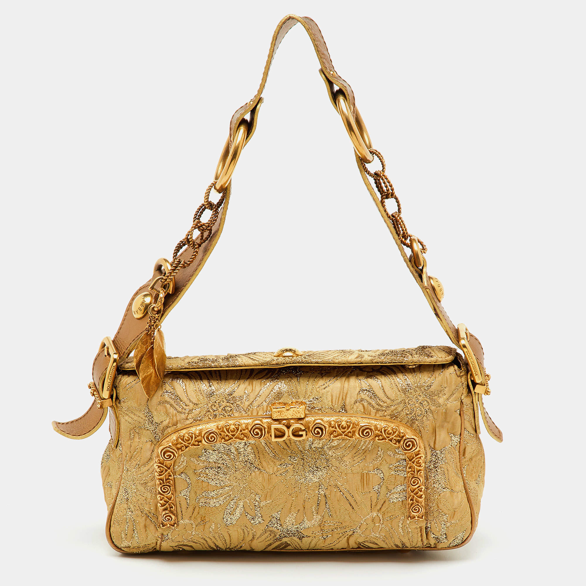 Pre Owned Dolce & Gabbana Gold Brocade Fabric and Leather Frame Pocket Shoulder Bag