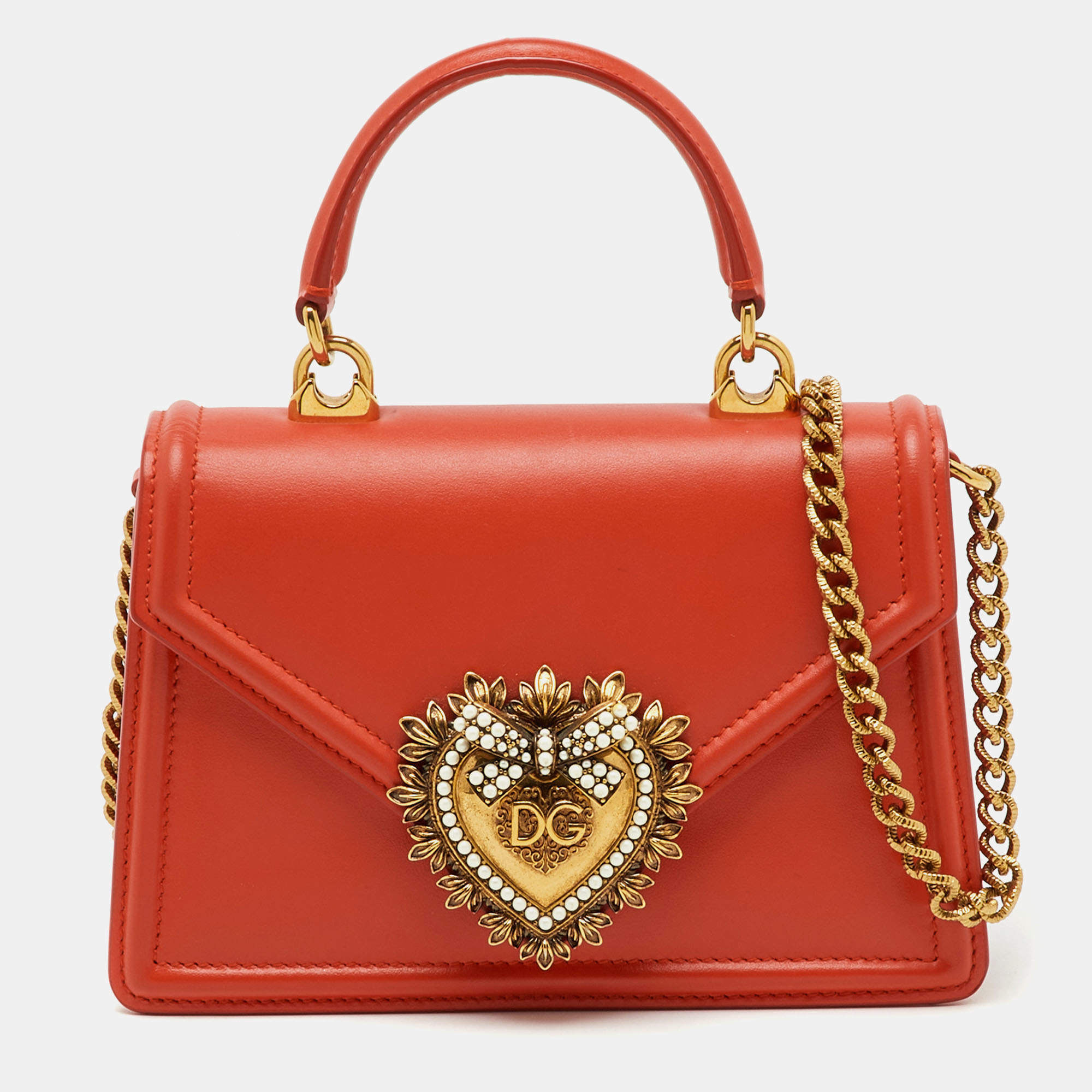 Pre Owned Dolce & Gabbana Orange Devotion Small Embellished Leather Top Handle Bag