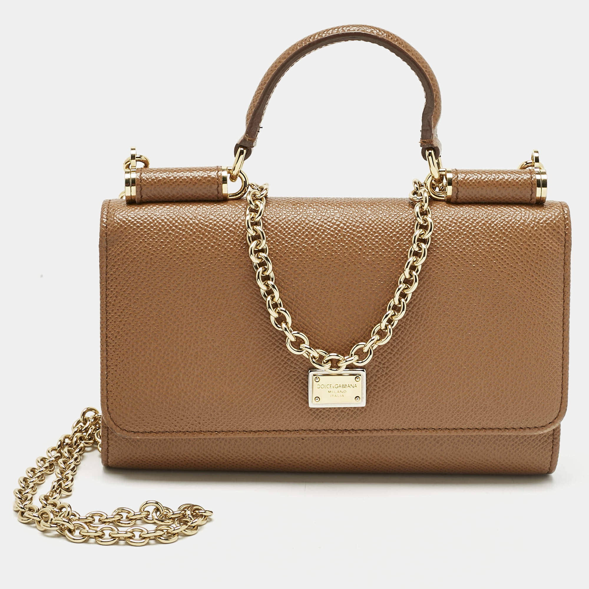 Pre Owned Dolce & Gabbana Brown Leather Miss Sicily Von Wallet On Chain