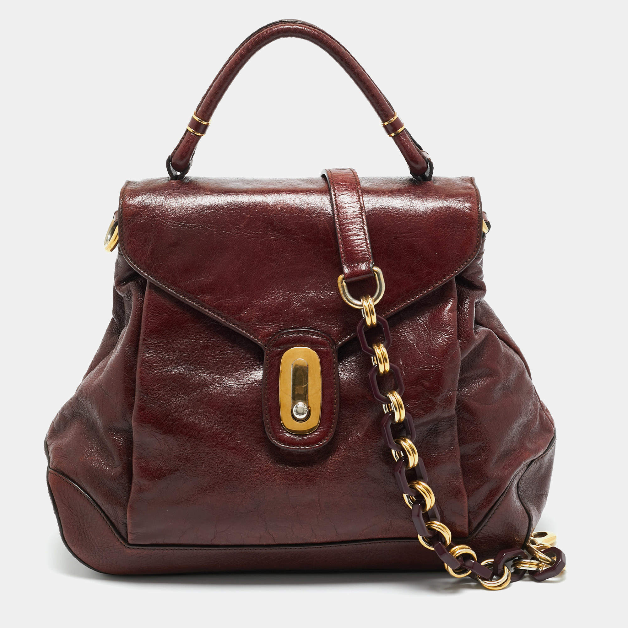 Pre Owned Dolce & Gabbana Dark Brown Leather Miss Lantana Top Handle Bag