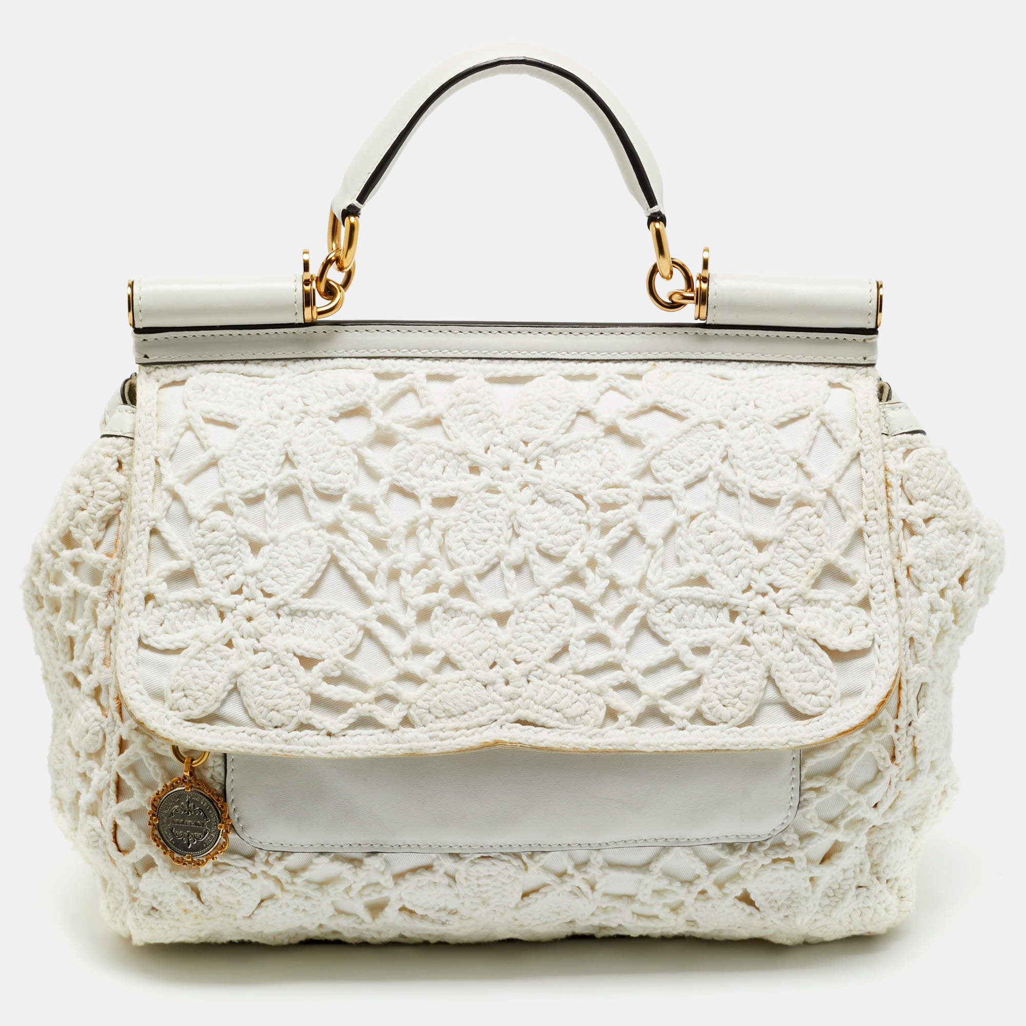 Pre Owned Dolce & Gabbana White Crochet Fabric Large Miss Sicily Top Handle Bag