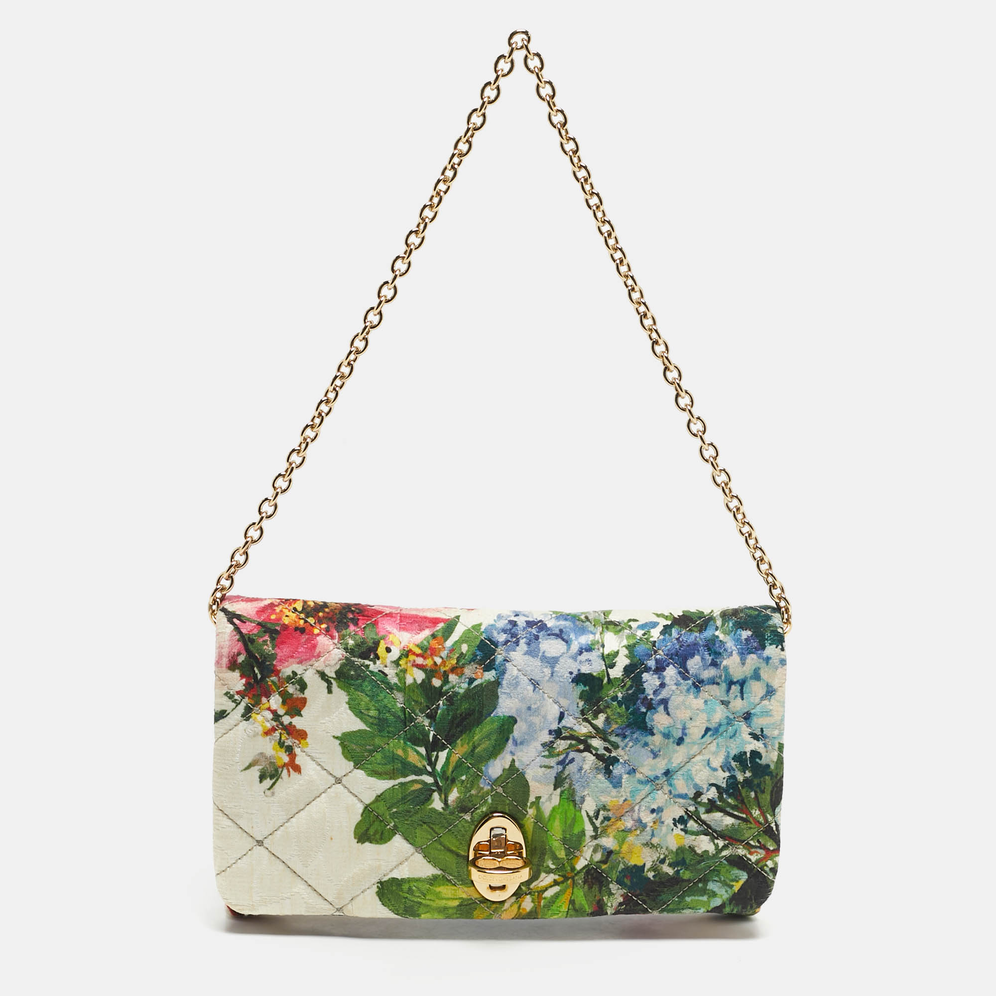 Pre Owned Dolce & Gabbana Multicolor Floral Quilted Fabric Turnlock Chain Clutch