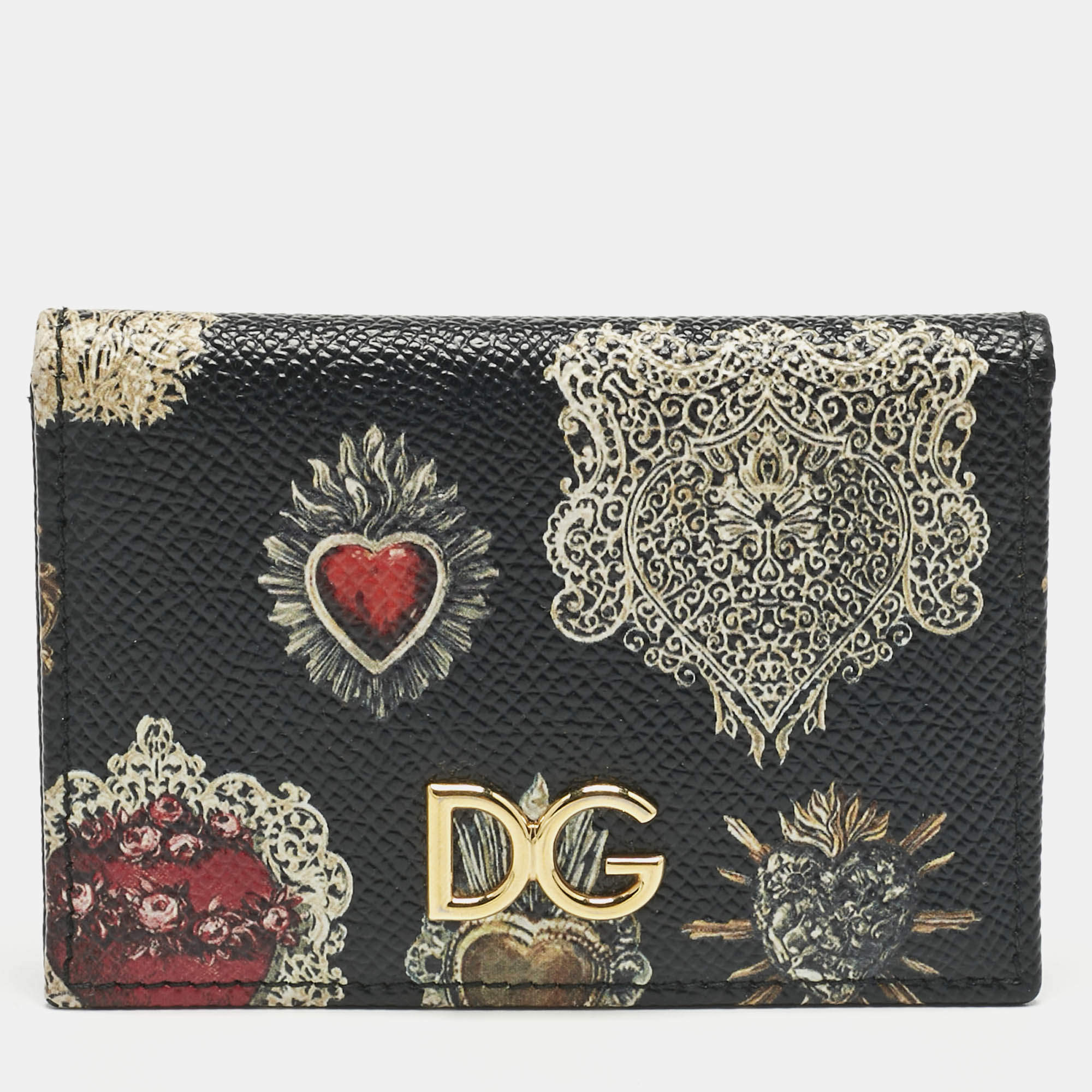 Pre Owned Dolce & Gabbana Multicolor Heart Print Leather Card Holder