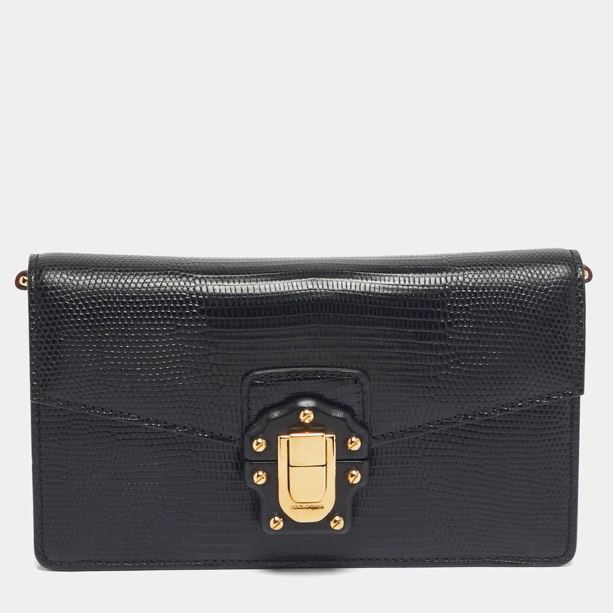 Pre Owned Dolce & Gabbana Black Lizard Embossed Leather Lucia Wallet On Chain