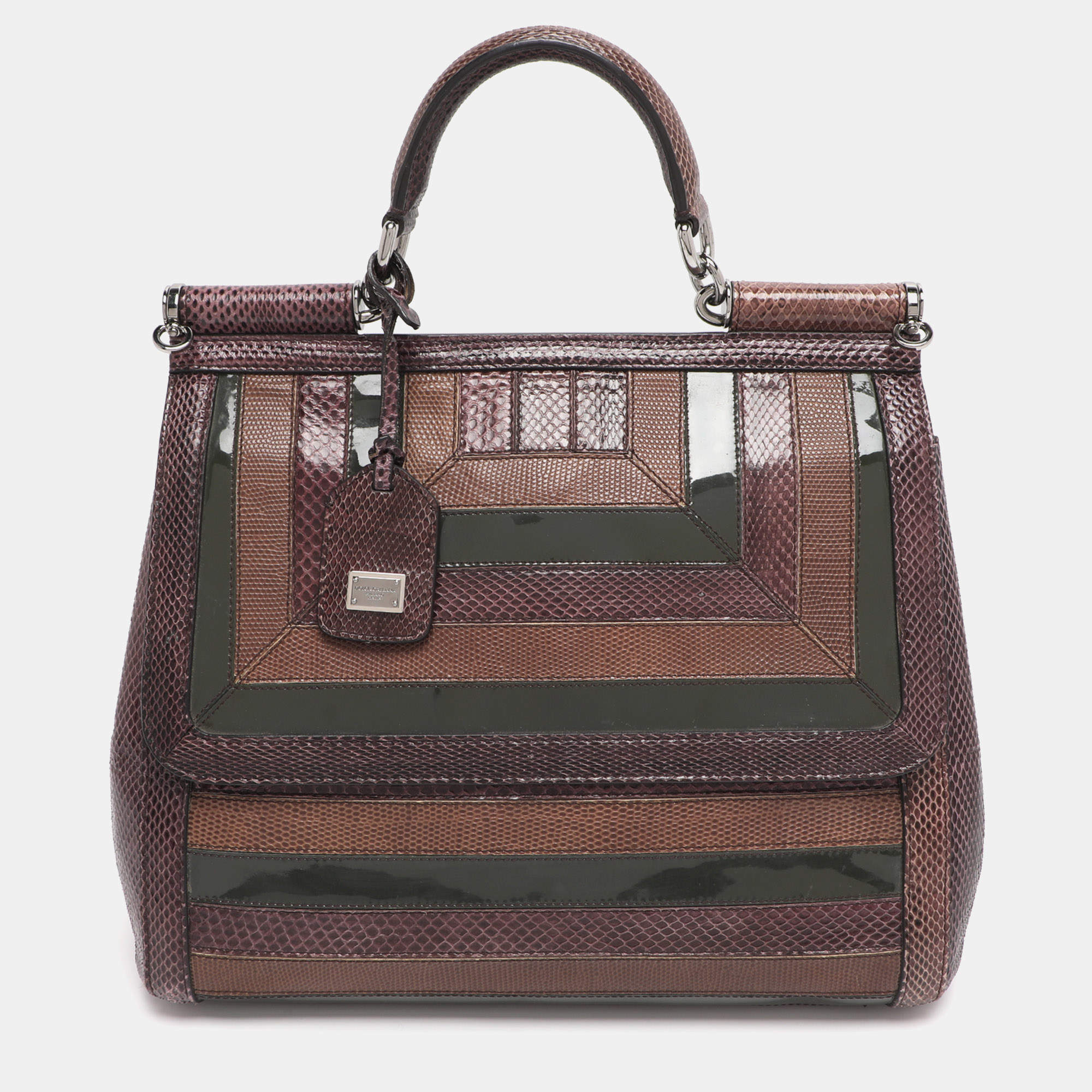 Pre Owned Dolce and Gabbana Multicolor Python/Lizard Embossed Leather Large Miss Sicily Top Handle Bag