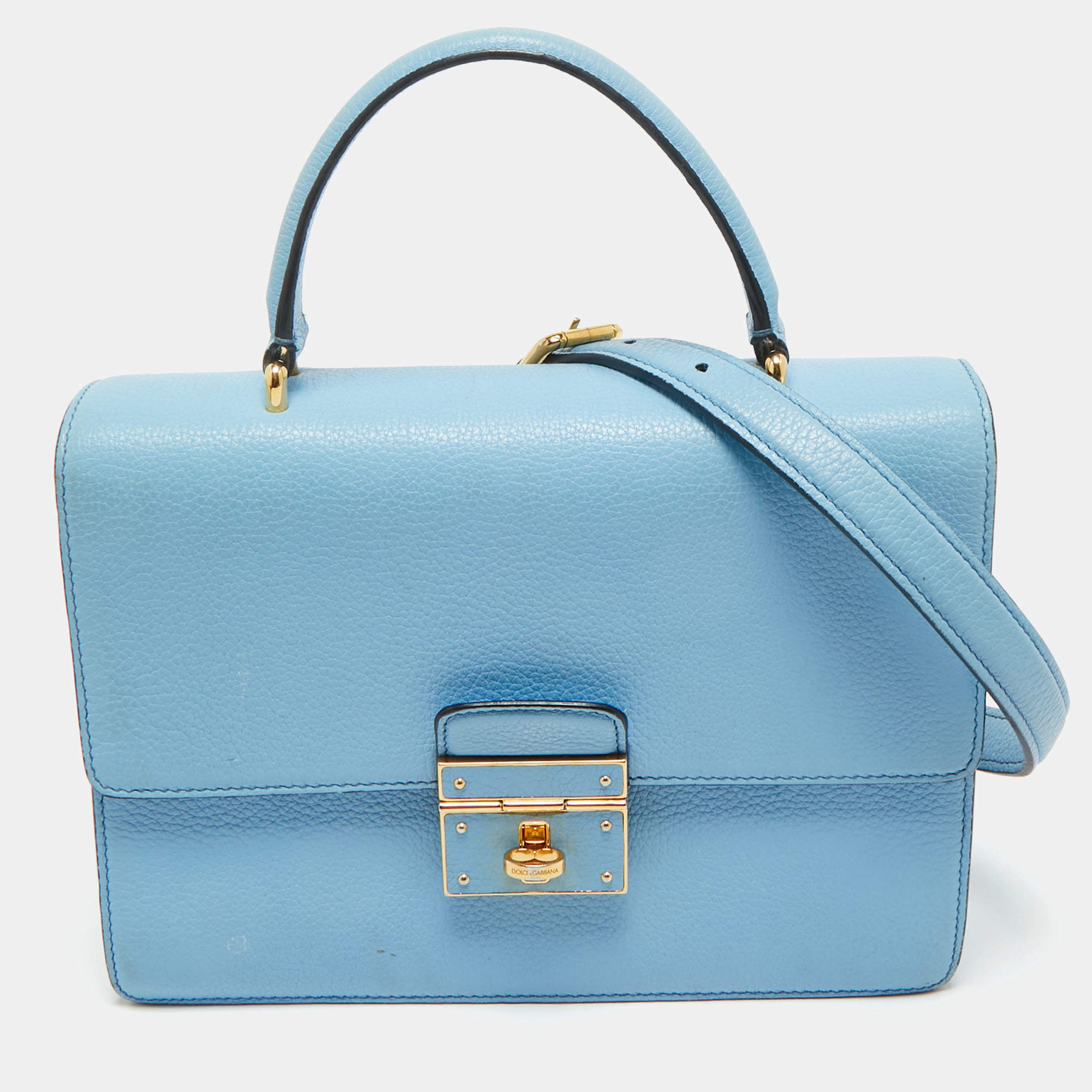 Pre Owned Dolce & Gabbana Light Blue Leather Rosalia Top Handle Bag