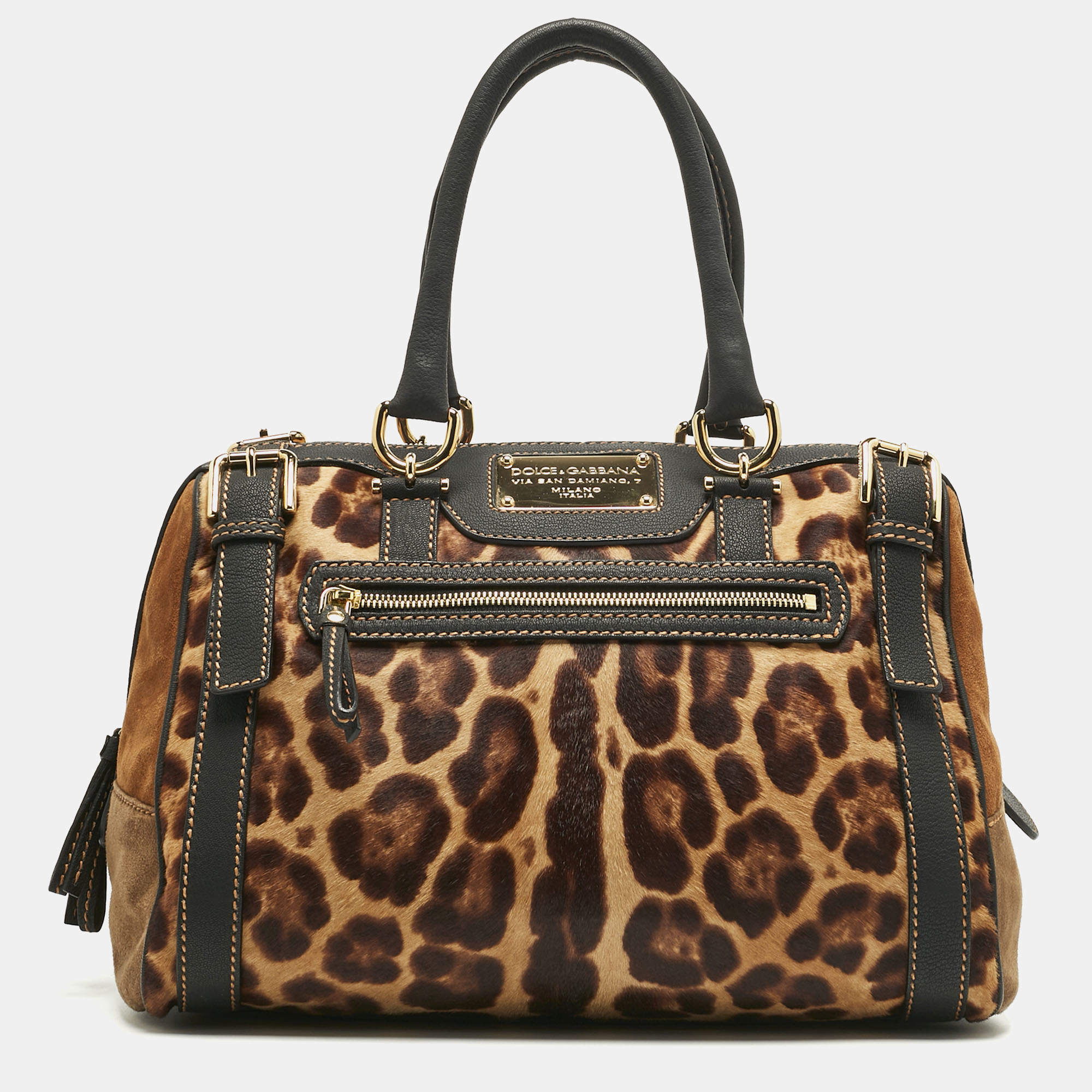 Pre Owned Dolce & Gabbana Brown/Black Leopard Print Calf Hair Miss Easy Way Satchel