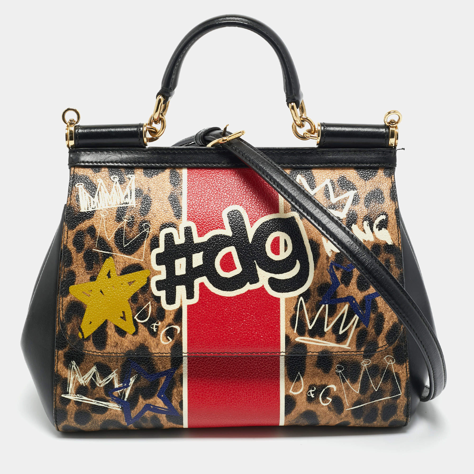Pre Owned Dolce & Gabbana Multicolor Leopard Print & Graffiti Coated Canvas Medium Miss Sicily Top Handle Bag