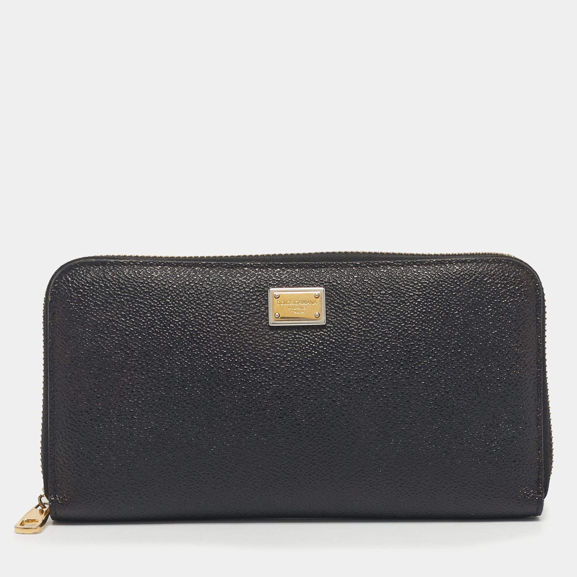 Pre Owned Dolce & Gabbana Black Leather Zip Around Wallet