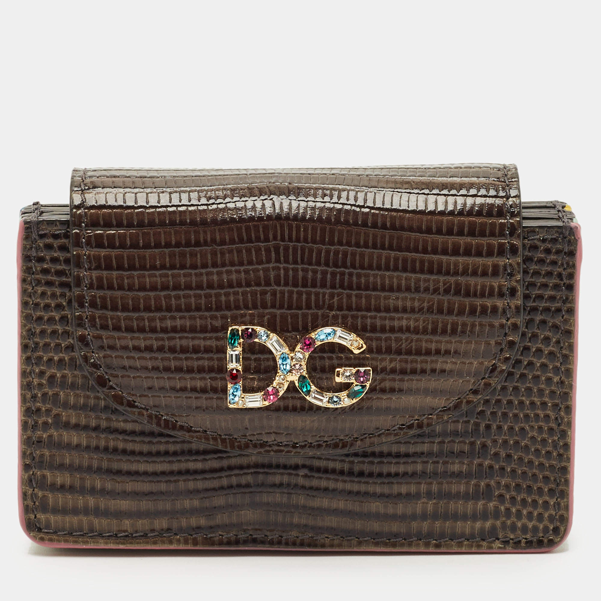 مملوكة مسبقًا Dolce & Gabbana Grey Lizard Embossed Leather DG Crystals Flap Card Case