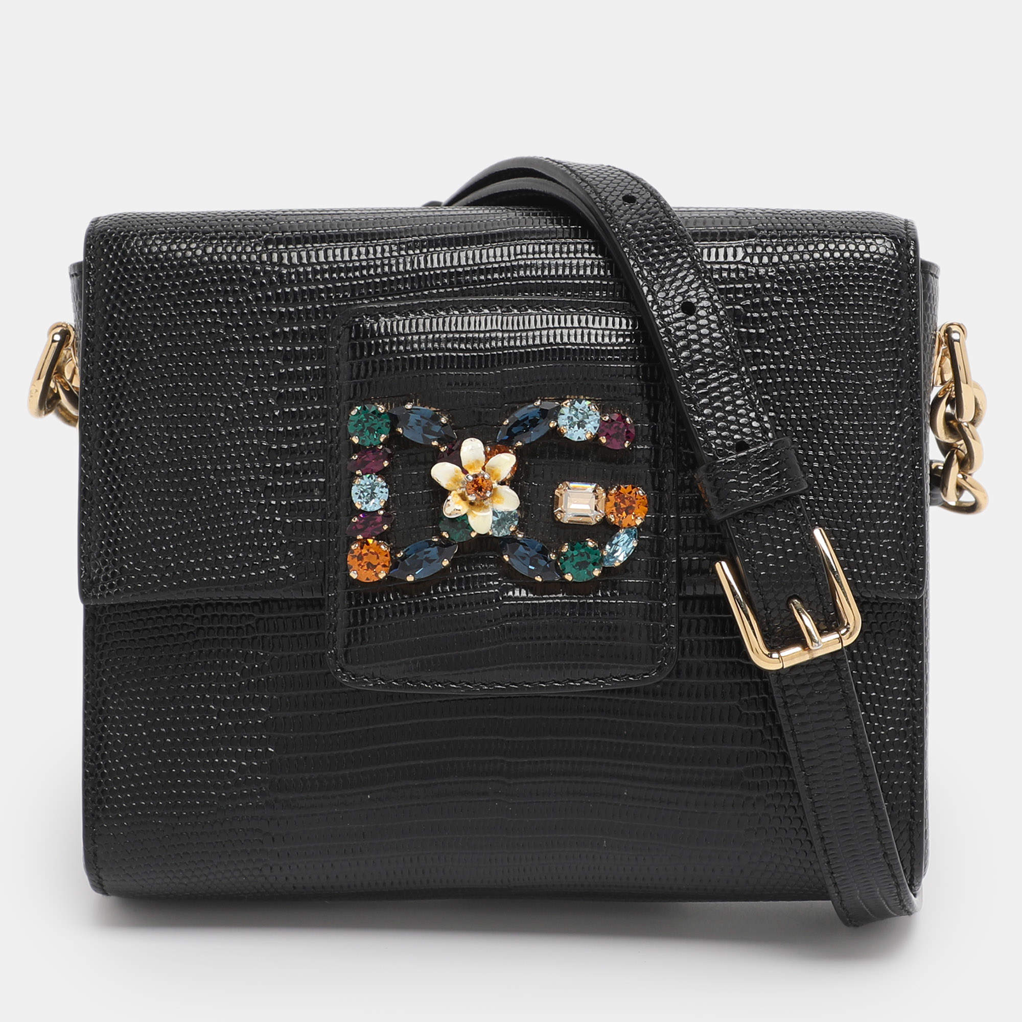 Pre Owned Dolce & Gabbana Black Lizard Embossed Leather DG Millennials Shoulder Bag