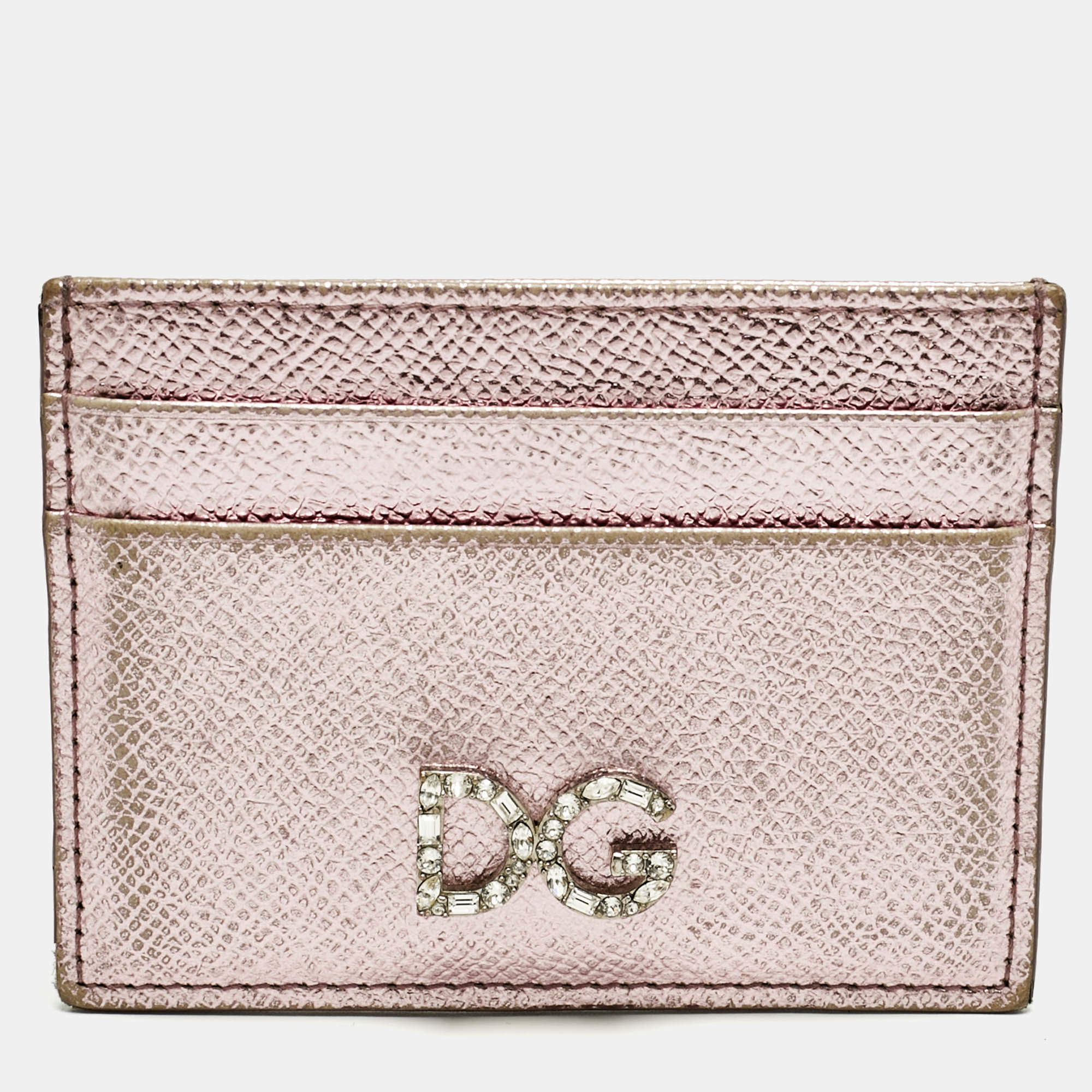 Pre Owned Dolce & Gabbana Metallic Pink Leather DG Crystals Card Holder