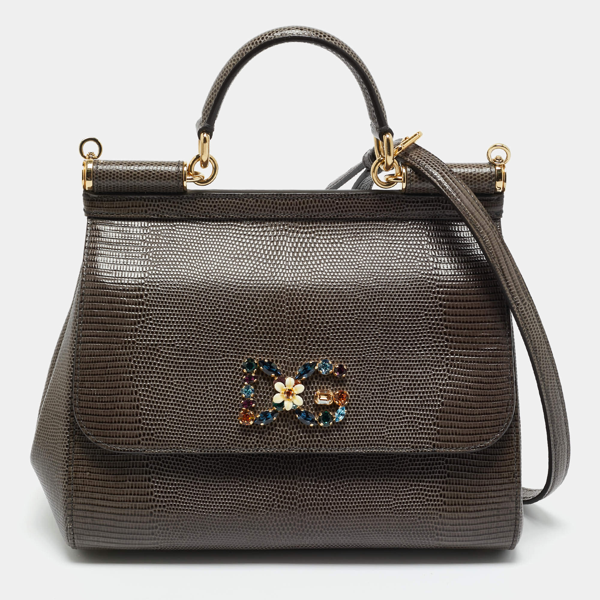 Pre Owned Dolce & Gabbana Dark Grey Lizard Embossed Leather Medium Crystal DG Miss Sicily Top Handle Bag