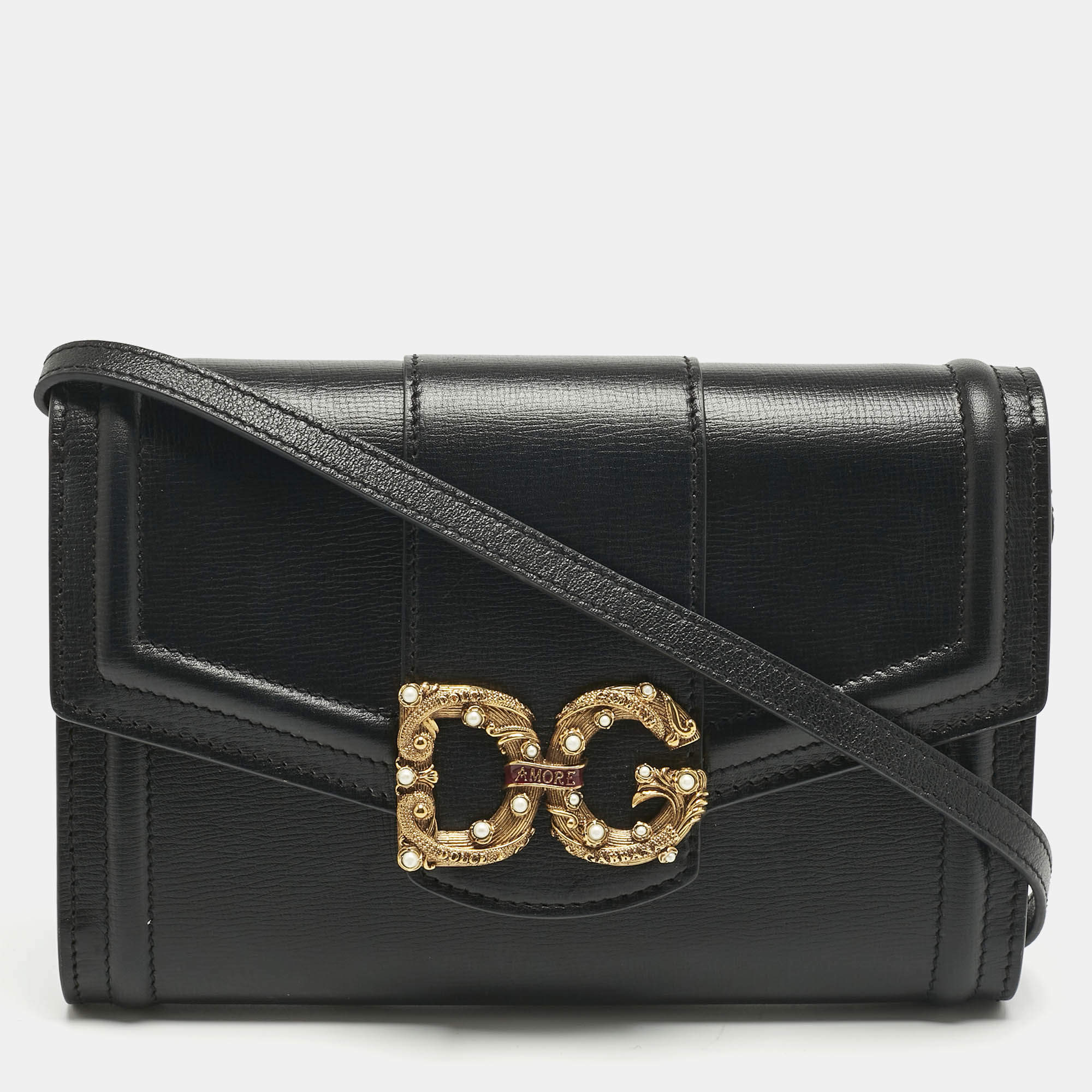 Pre Owned Dolce & Gabbana Black Leather DG Amore Clutch Bag