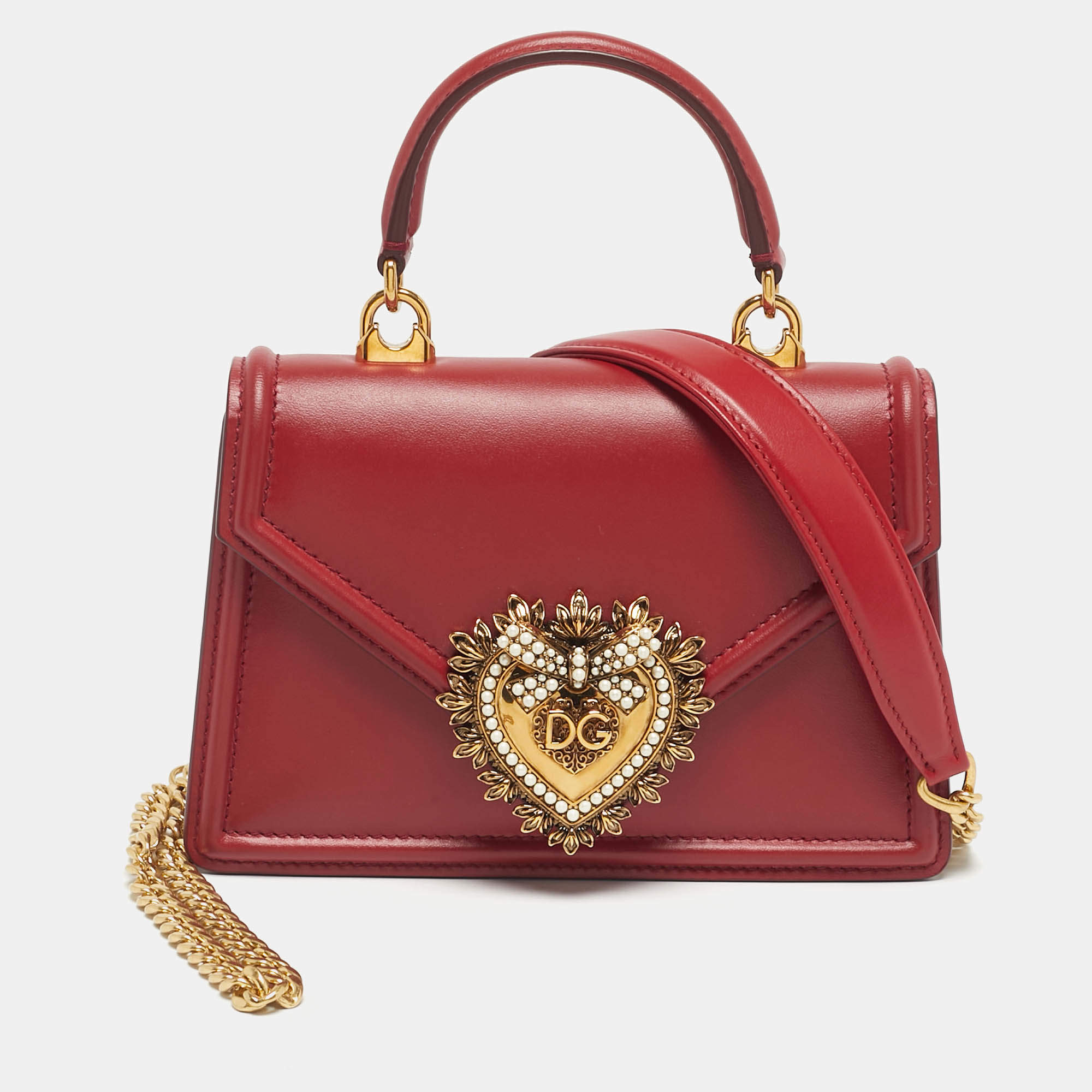 Pre Owned Dolce & Gabbana Red Leather Small Devotion Top Handle Bag