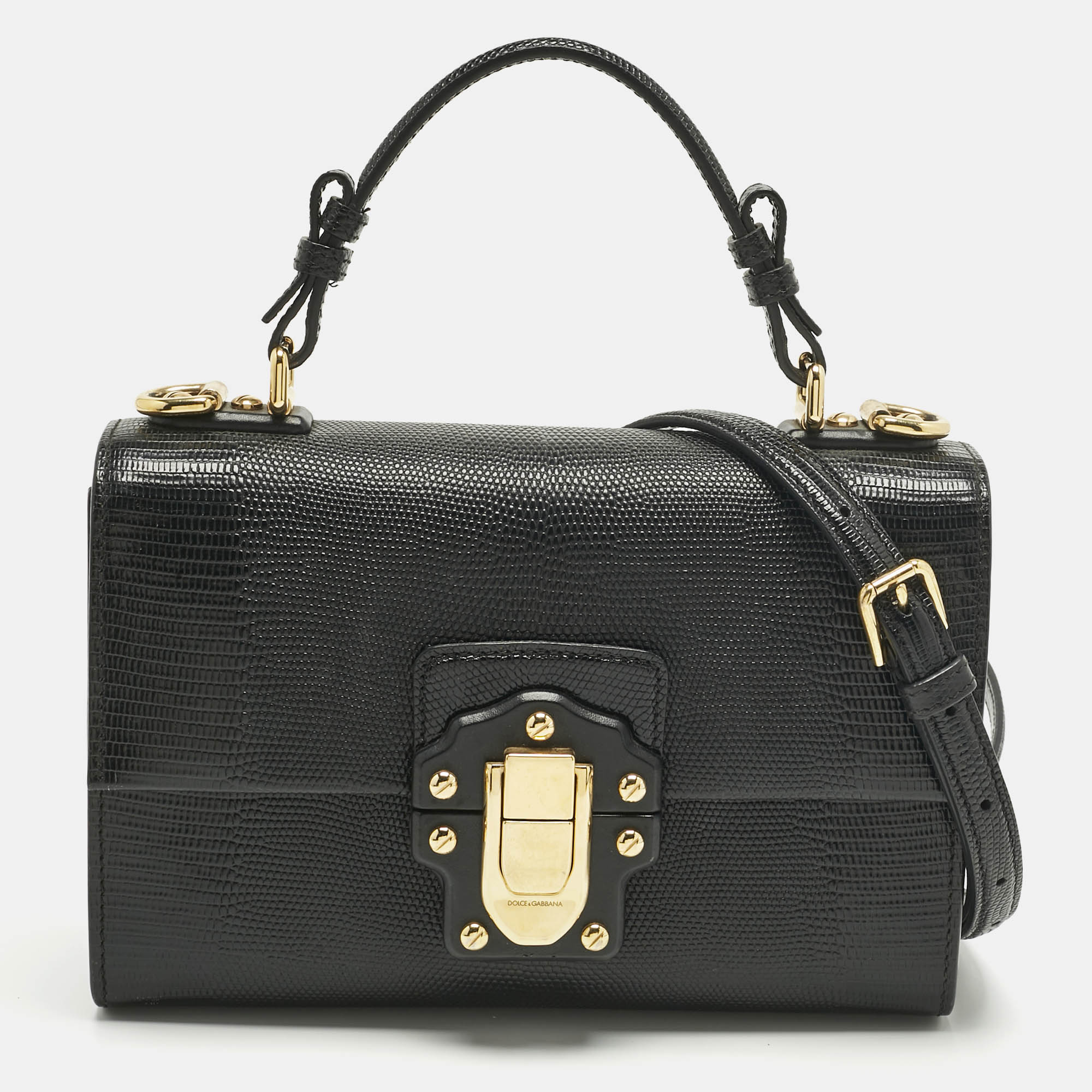 Pre Owned Dolce & Gabbana Black Lizard Embossed Leather Small Lucia Top Handle Bag
